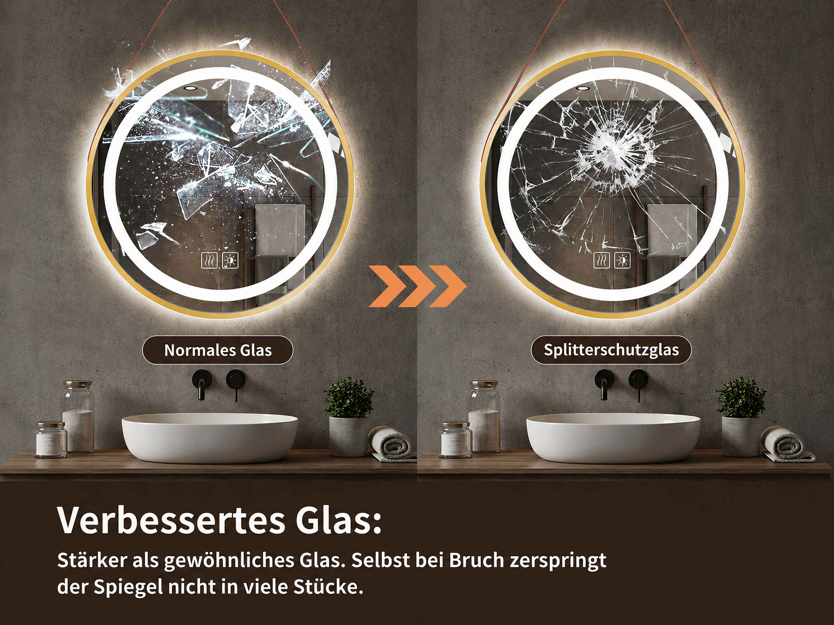 Vergleich von normalem Glas und Splitterschutzglas bei Badezimmerspiegeln.