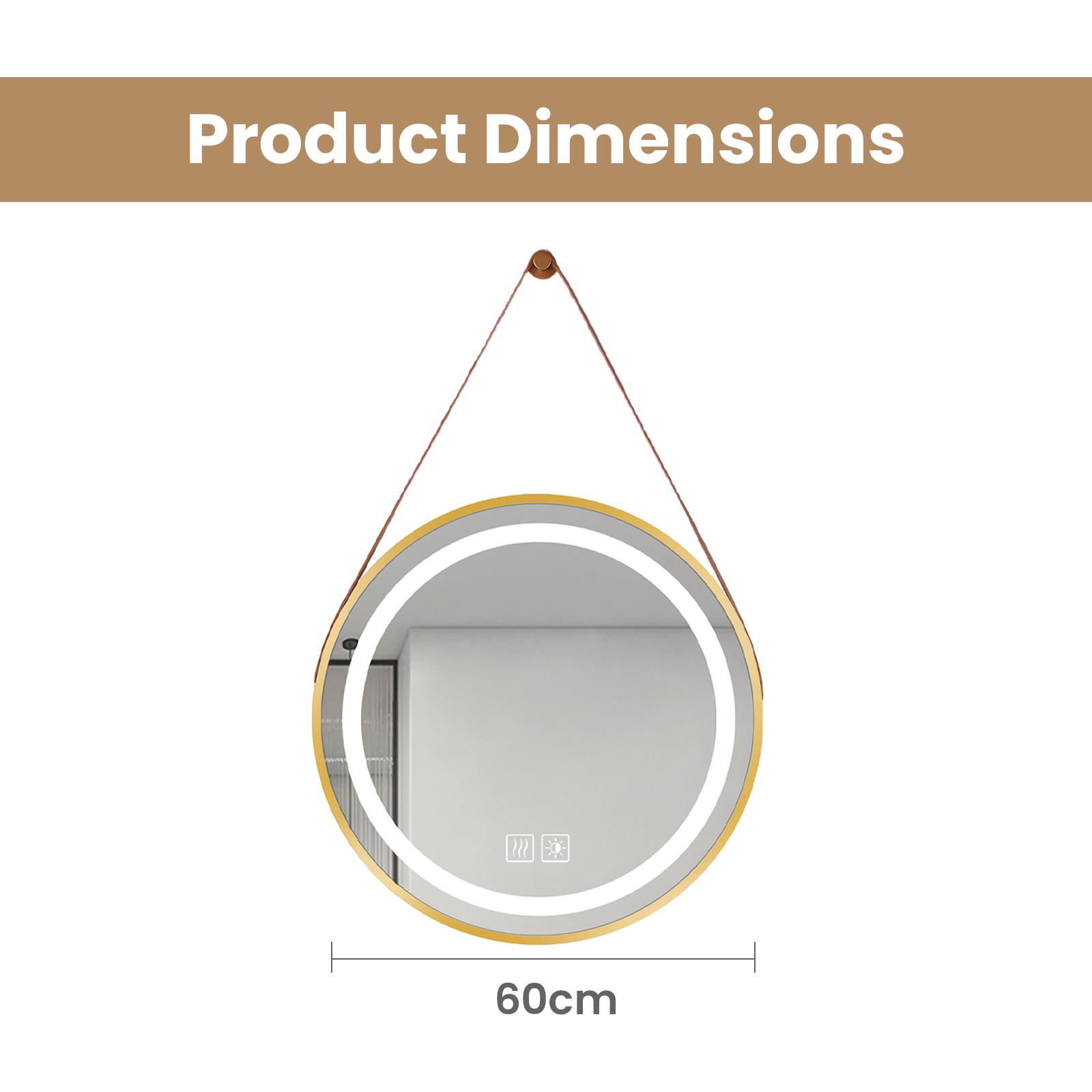 Runder LED-Spiegel mit goldenem Rahmen und Riemen, Durchmesser 60cm.