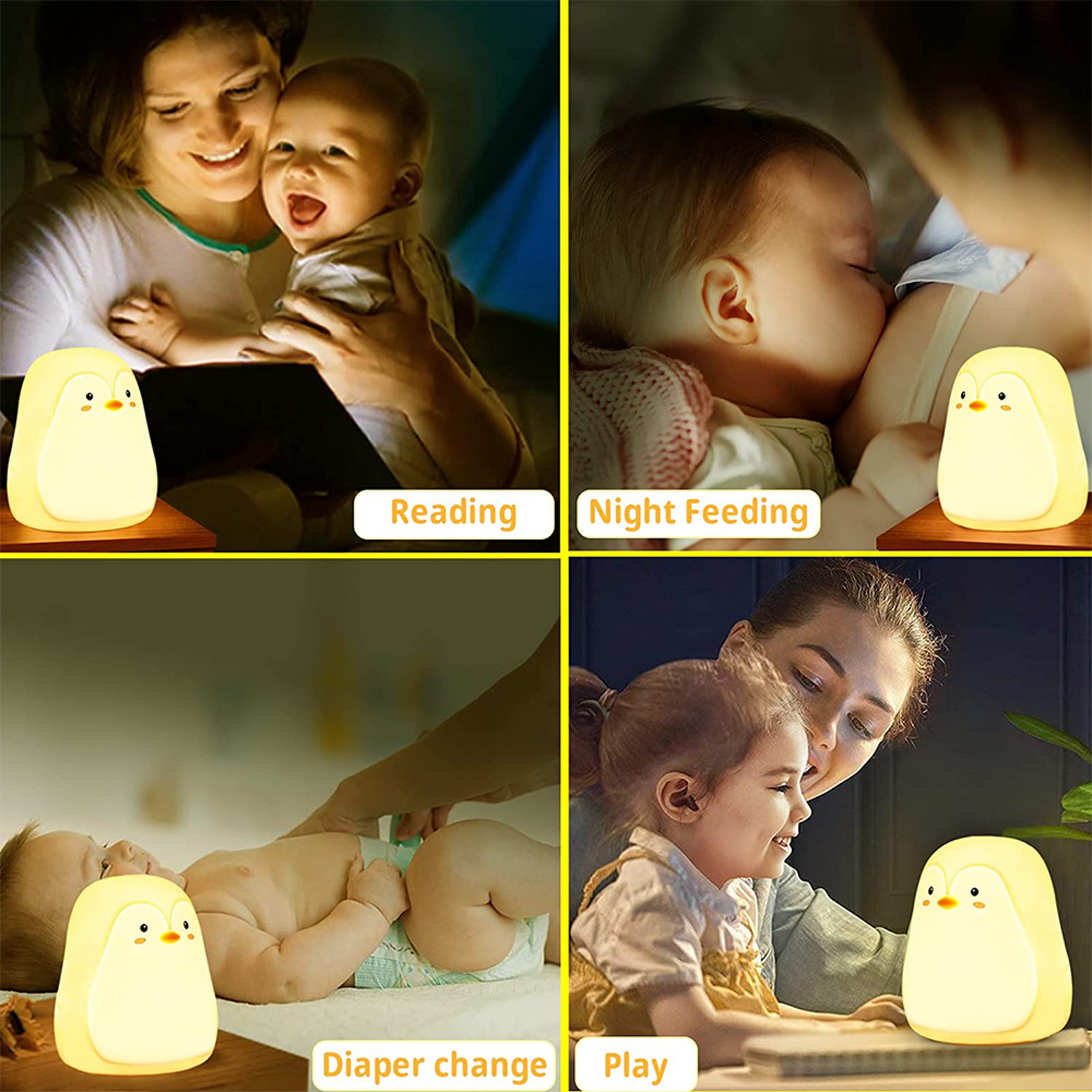 Vier Bilder zeigen Mutter und Kind bei Alltagssituationen nachts, jeweils mit einer gelben Pinguinlampe.