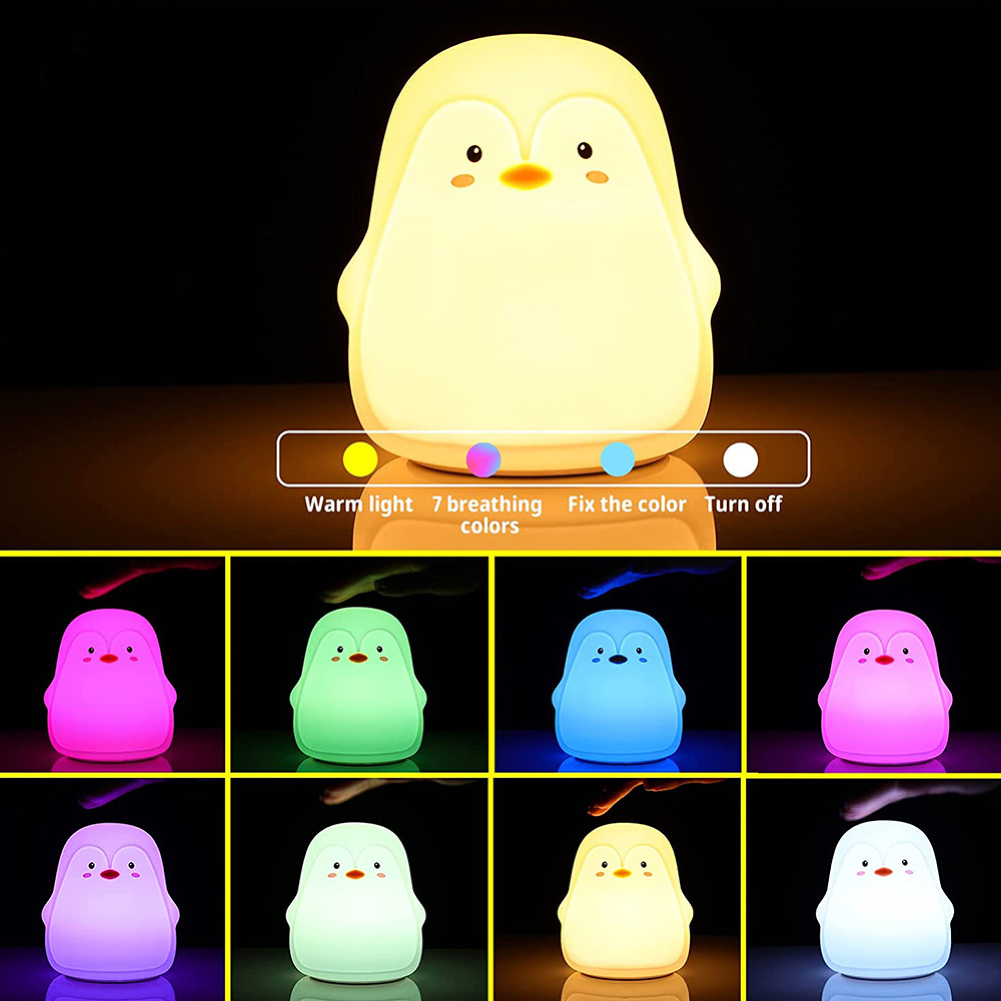 Eine niedliche Pinguin-Nachtlampe leuchtet in verschiedenen Farben wie Warmlicht, Pink, Grün und Blau vor schwarzem Hintergrund.