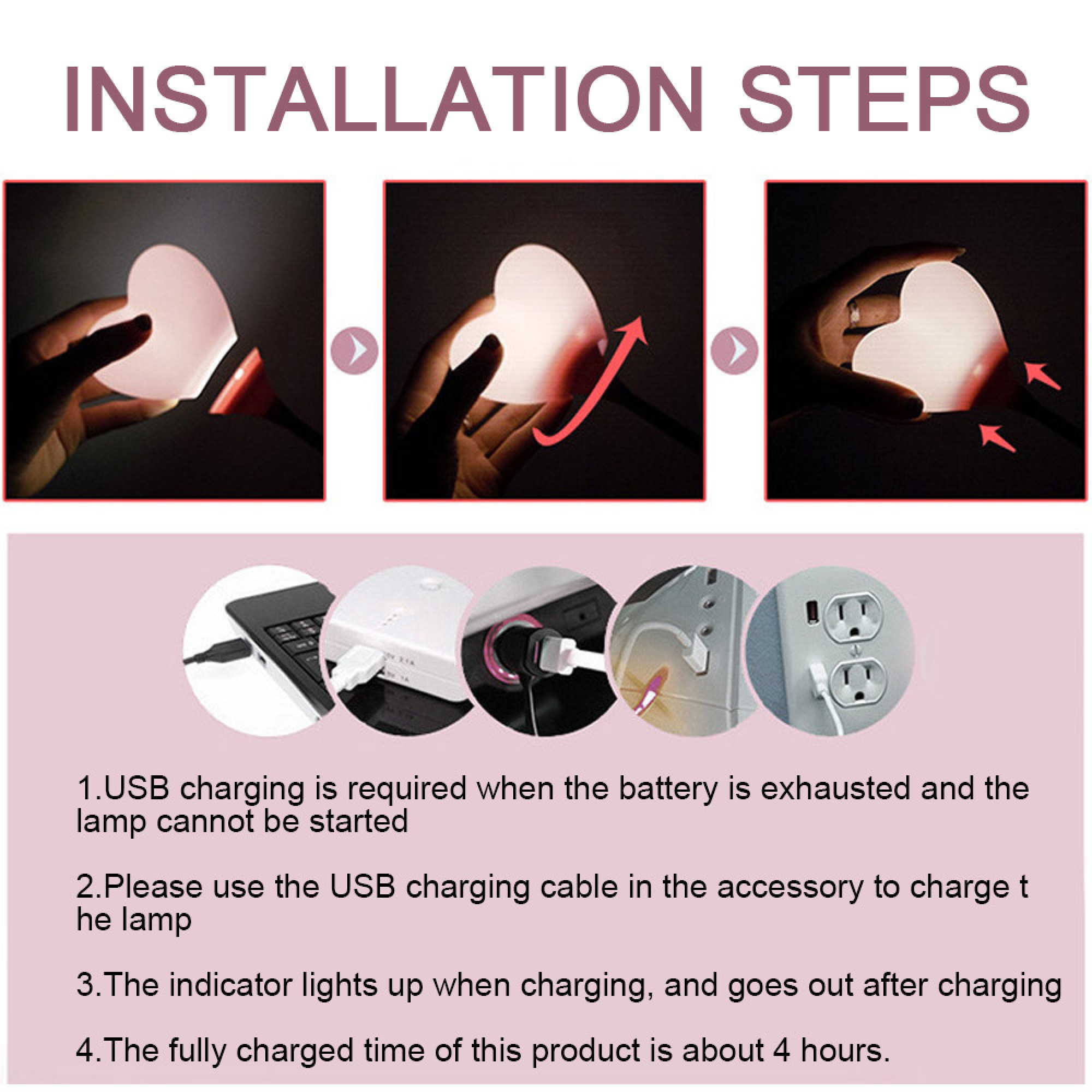 Installations- und USB-Ladeschritte für eine herzförmige Lampe mit 4 Anweisungen.