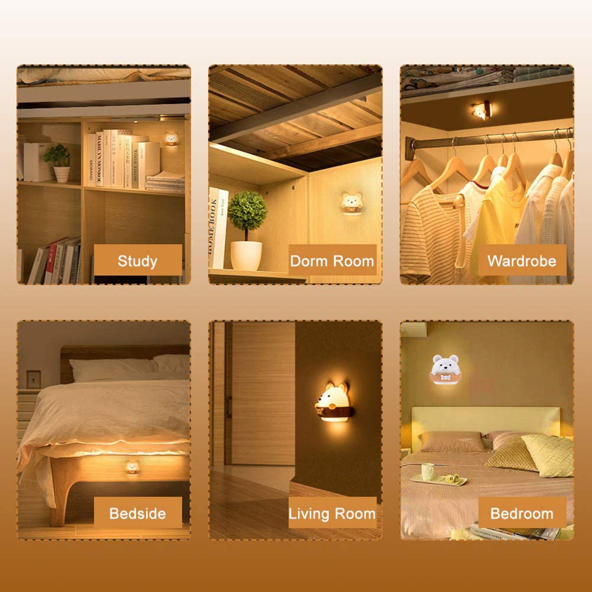 Sechs Felder zeigen ein süßes bärenförmiges Nachtlicht in Arbeitszimmer, Wohnheim, Kleiderschrank, Bett, Wohn- und Schlafzimmer.
