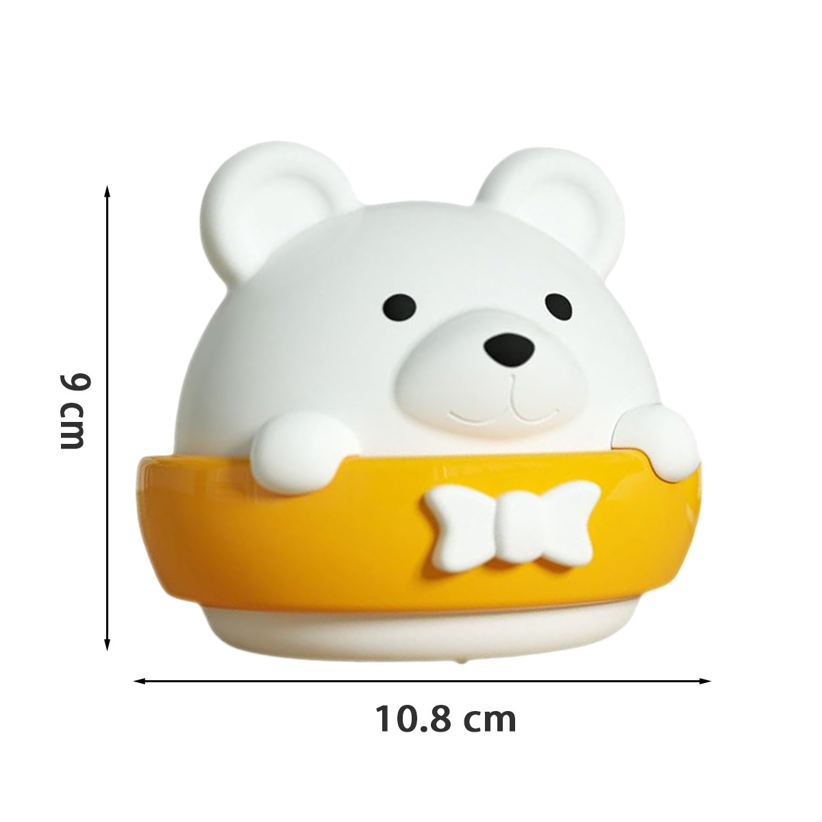 Weißer Bär in gelbem Reifen mit Schleife, Höhe 9 cm, Breite 10,8 cm.