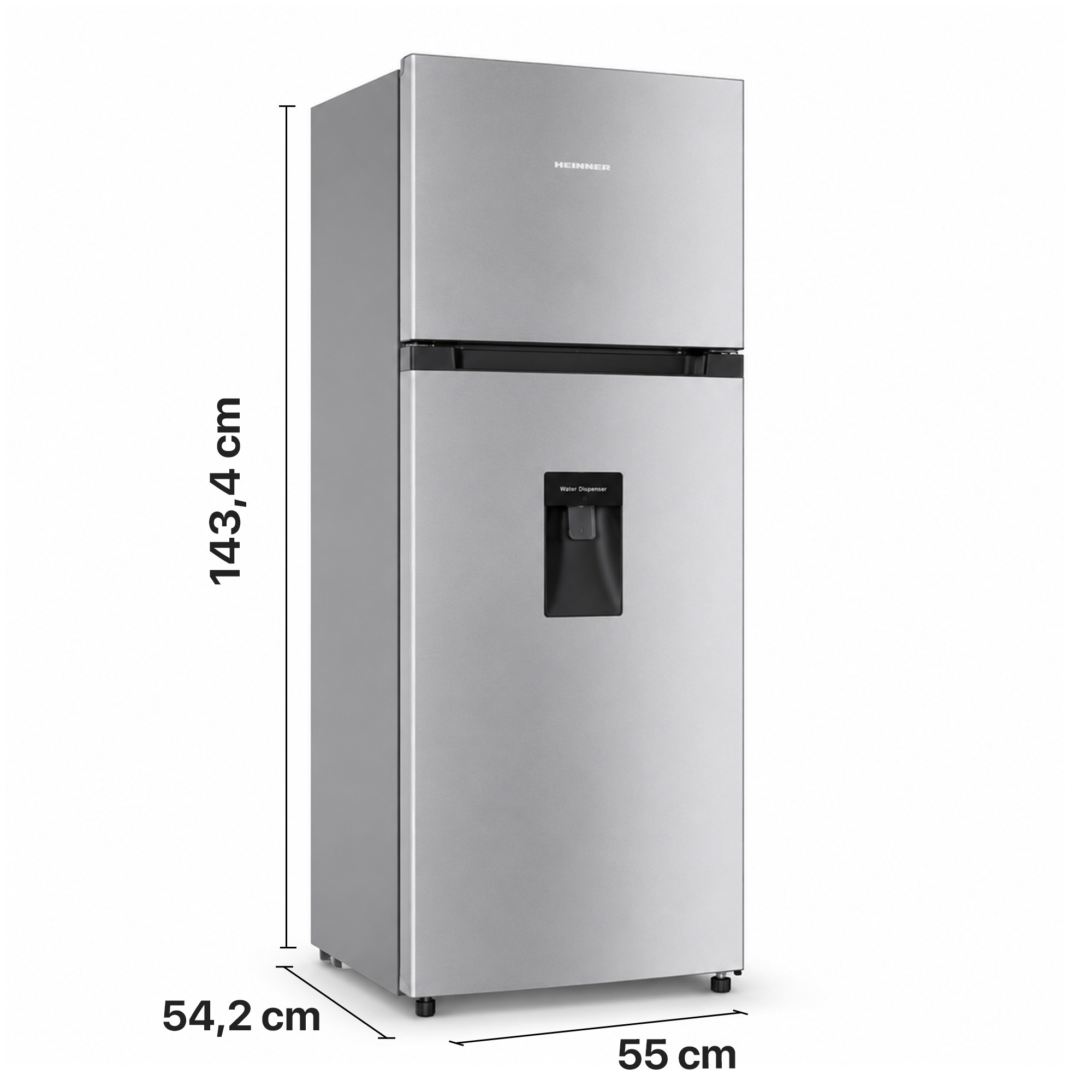Ein silberner Kühlschrank mit Gefrierfach oben, Maßen 143,4x55x54,2 cm und Wasserspender.