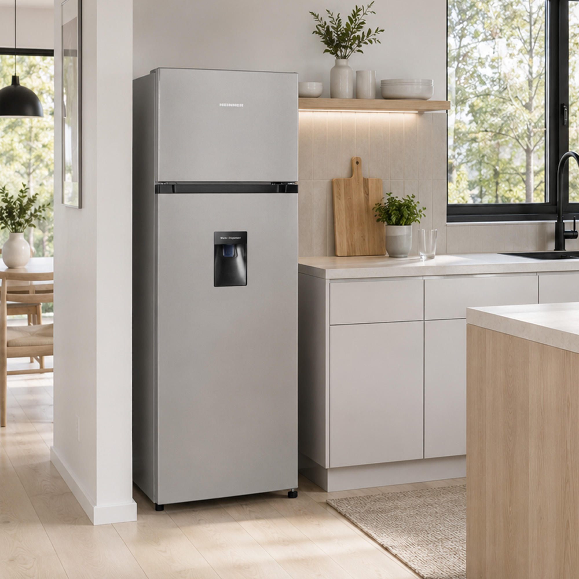 Ein silberner Kühlschrank mit Wasserspender steht in einer hellen Küche mit weißen Schränken und einem Holzregal.