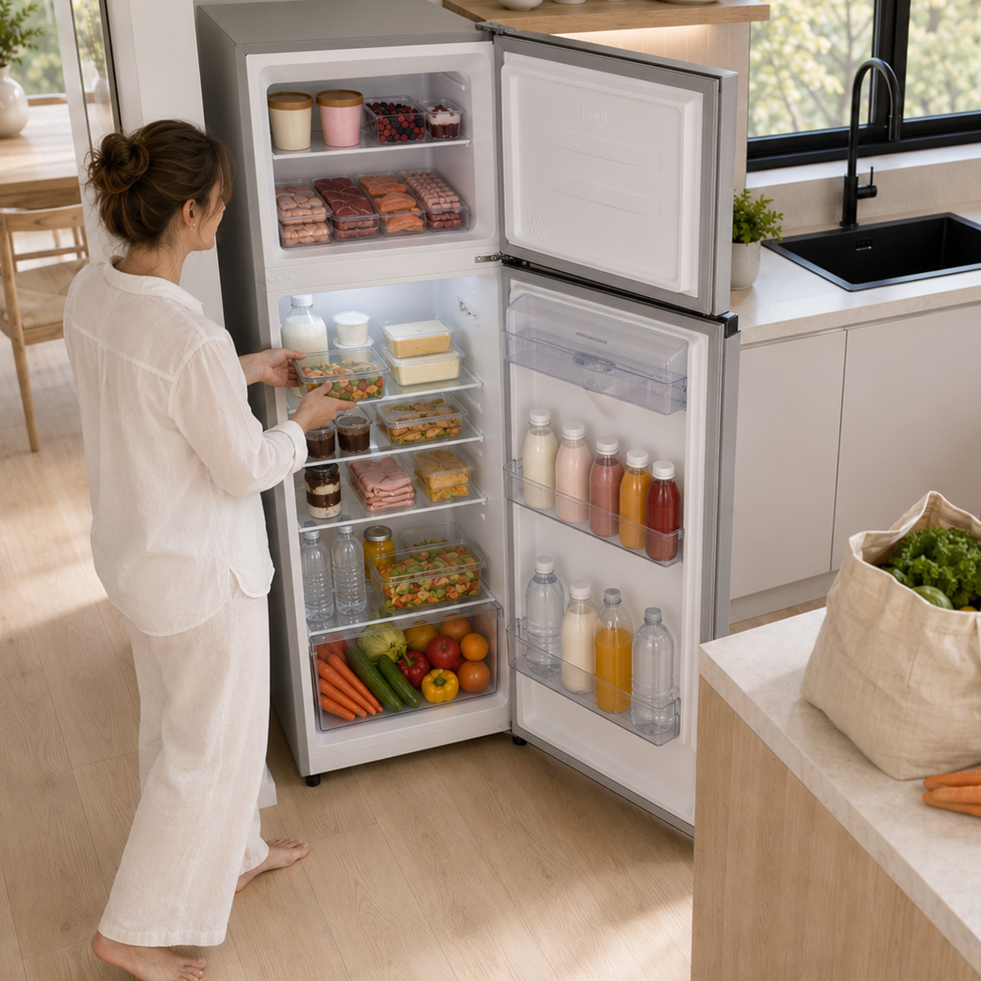 Eine Frau in weißer Kleidung öffnet einen gut gefüllten, modernen Kühlschrank in einer Küche mit Holzboden.