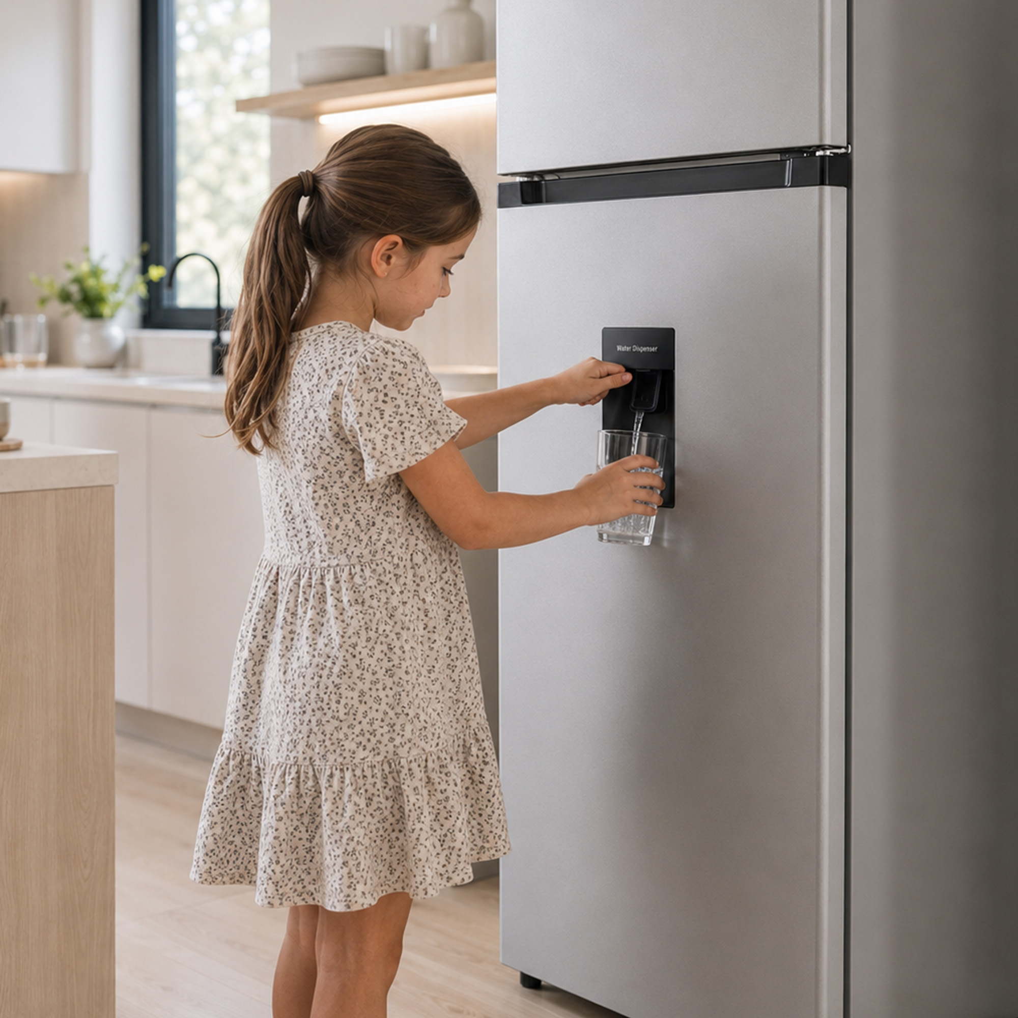 Ein junges Mädchen in einem Sommerkleid füllt in einer modernen Küche ein Glas Wasser aus einem Kühlschrank.