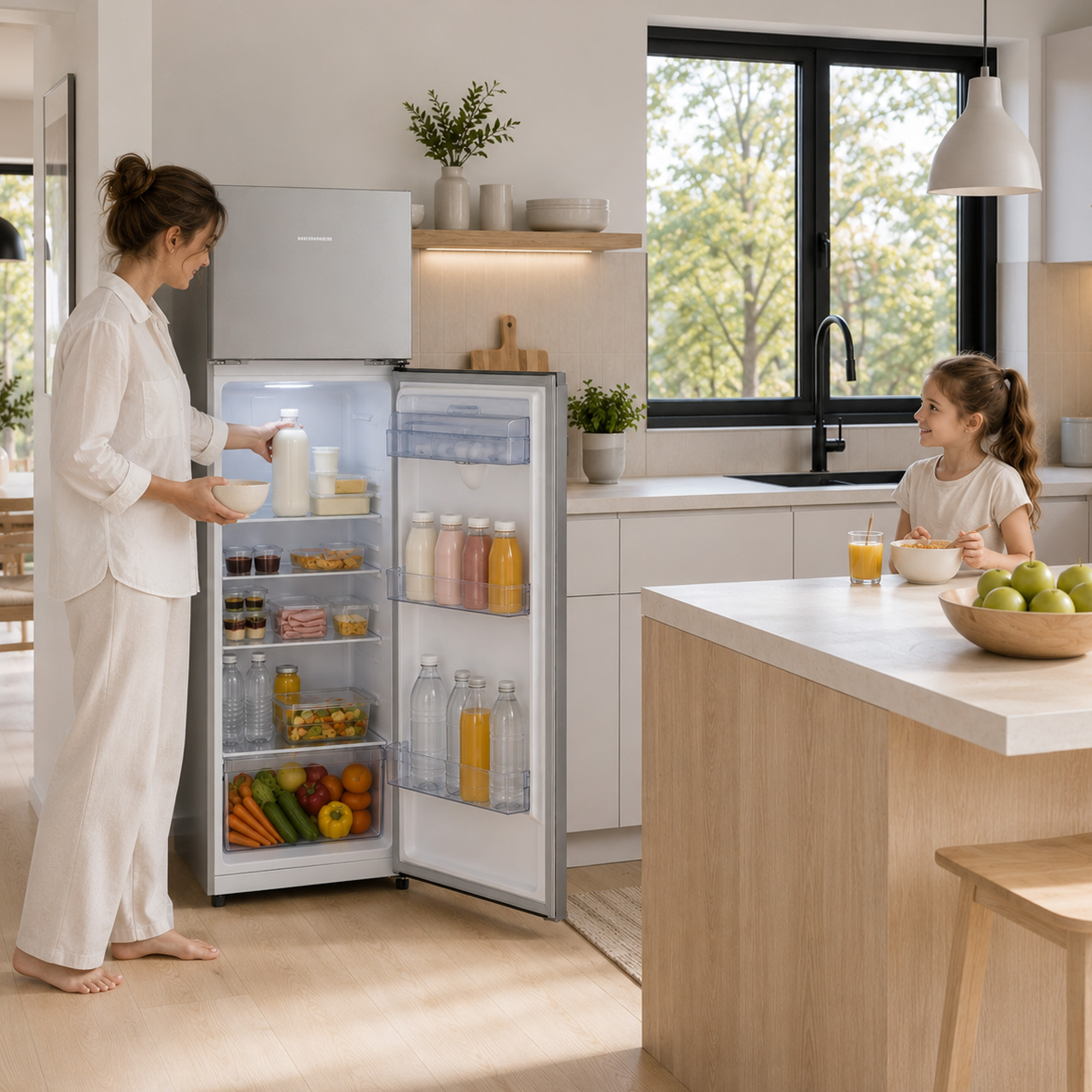 Eine Frau holt Milch aus dem Kühlschrank in einer hellen Küche, während ein Mädchen am Tisch frühstückt.