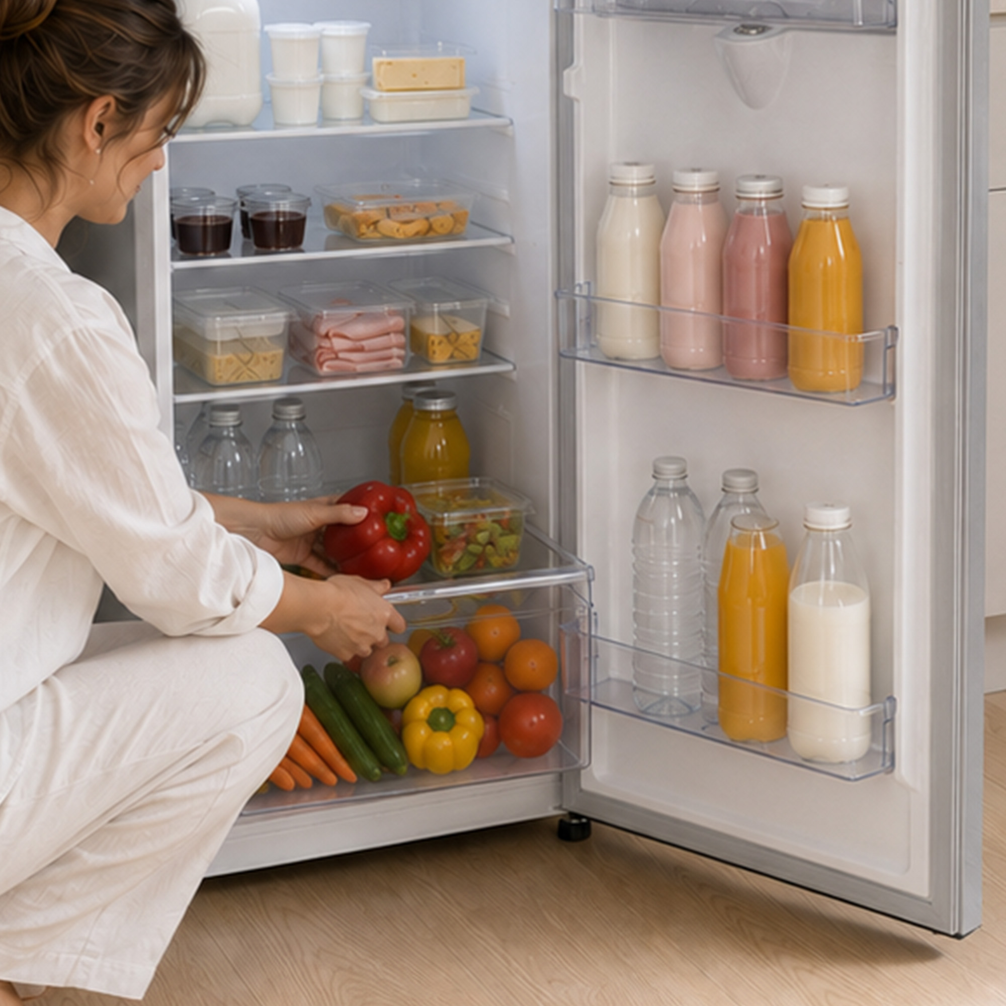 Eine Frau in weißer Kleidung kniet vor einem gut gefüllten Kühlschrank und greift nach einer roten Paprika.