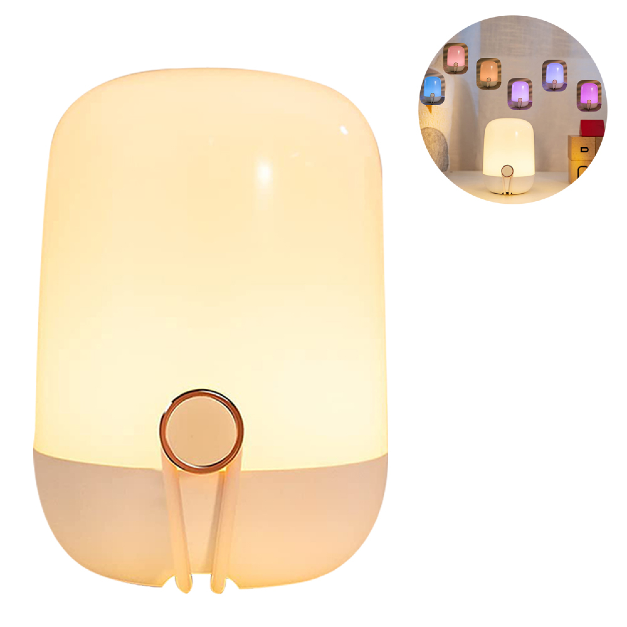 Eine weiße Nachttischlampe mit einem runden Schalter, oben rechts in verschiedenen Farben leuchtend dargestellt.