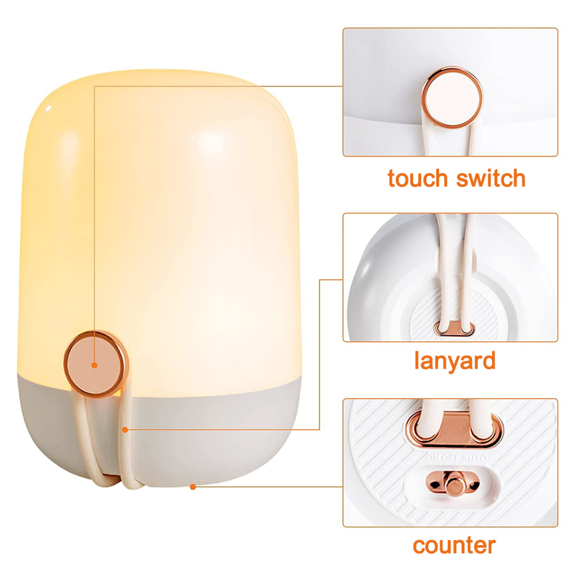 Eine weiße und gelbe Lampe mit Touch-Schalter, Trageband und Zähler auf einem weißen Hintergrund.