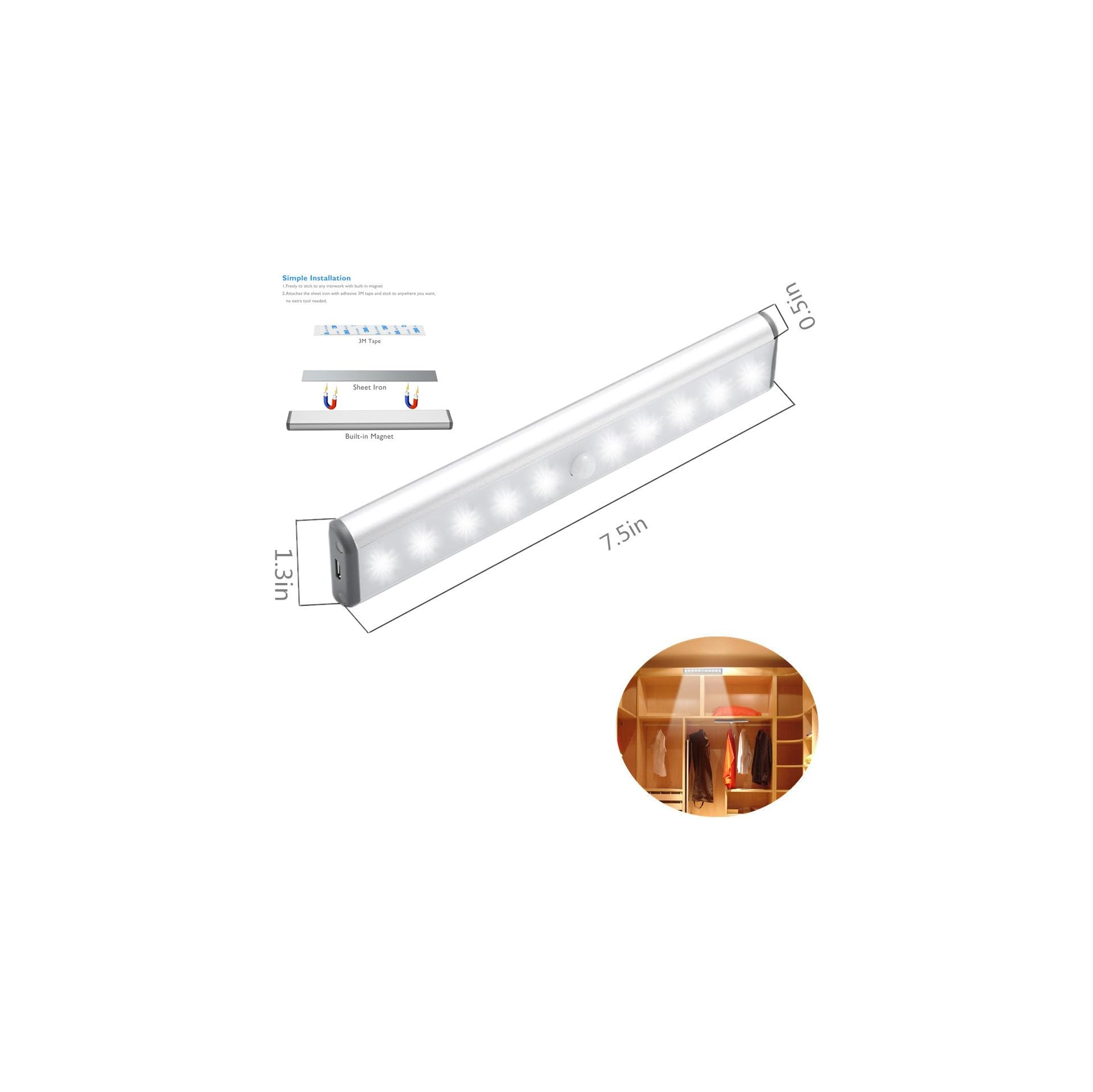 Längliche LED-Leuchte mit Maßangaben, Installationsanleitung und Anwendungsbeispiel in einem Schrank.