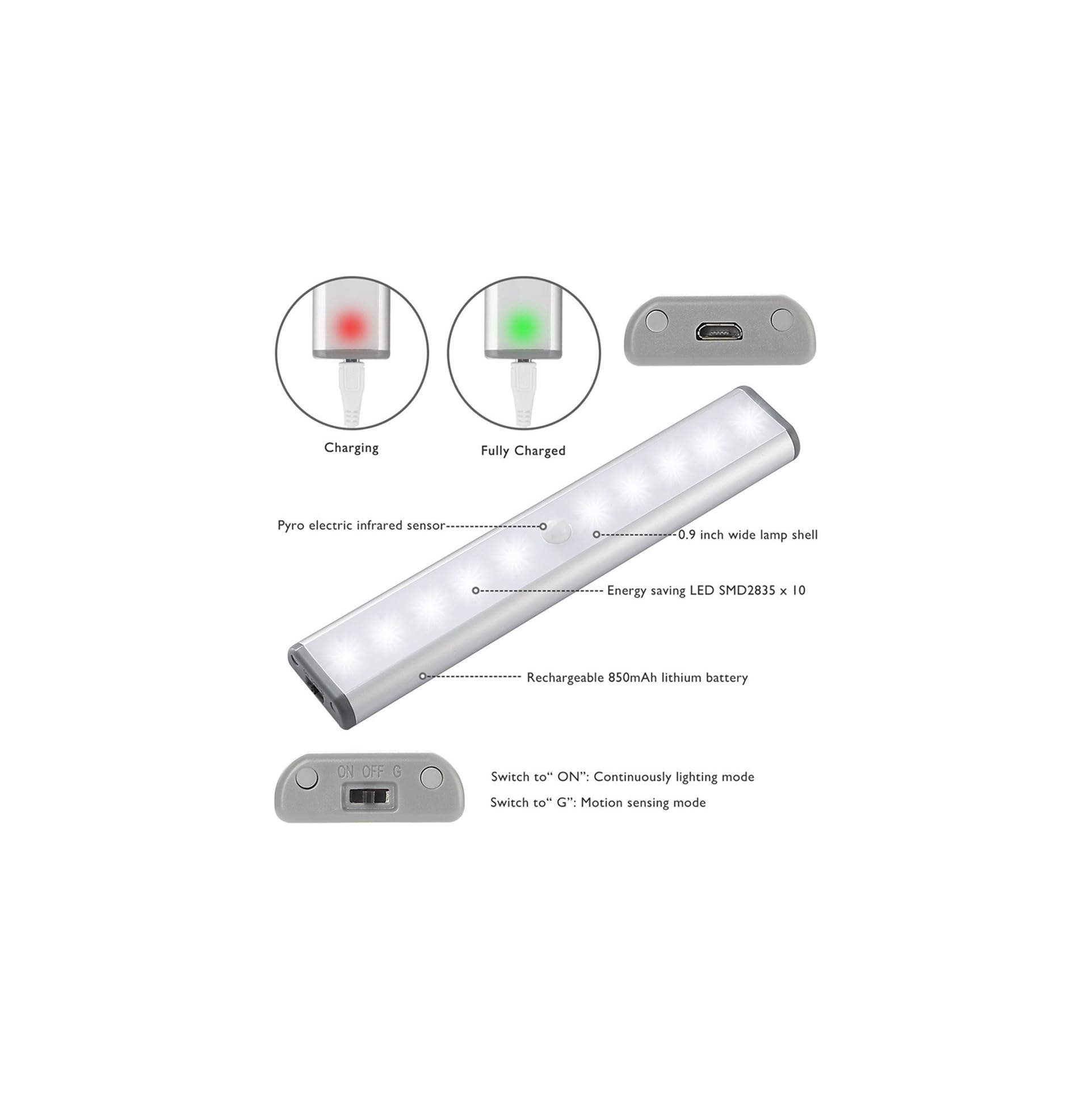 Diagramm einer wiederaufladbaren LED-Schrankleuchte mit Sensor, Ladeanzeigen, USB-Anschluss und Schaltermodi.