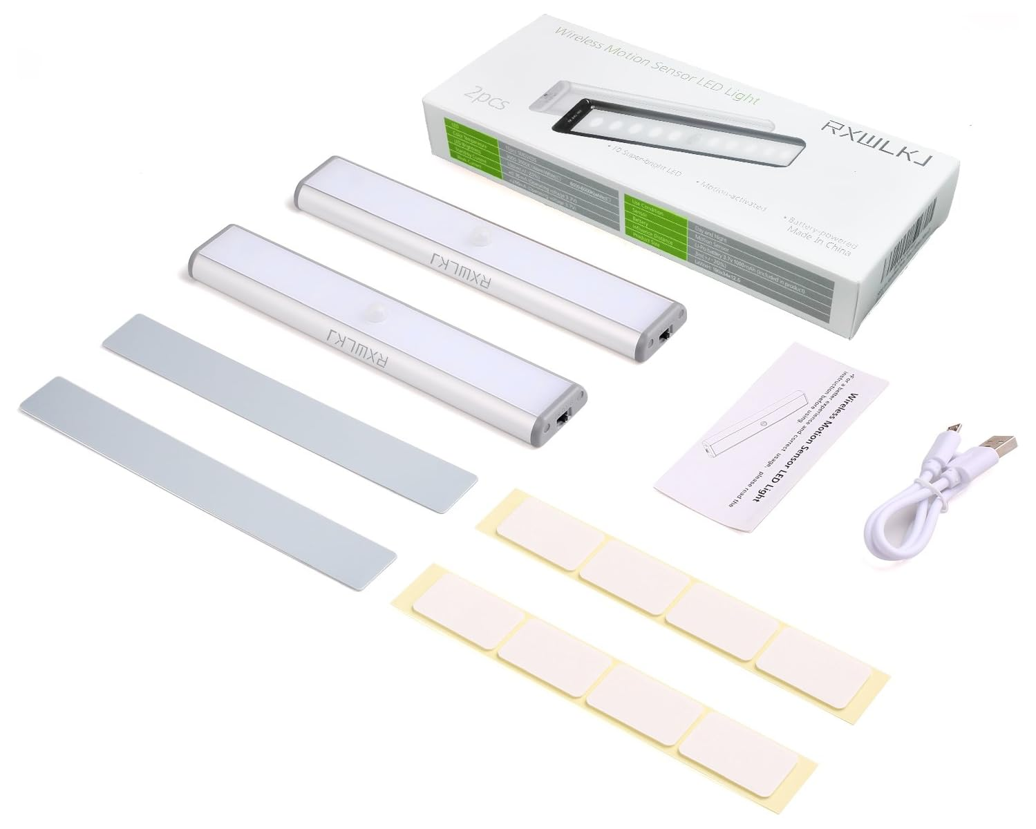 Zwei kabellose LED-Leuchten mit Bewegungsmelder, Montageleisten, Klebepads, USB-Kabel, Handbuch und Verpackung.