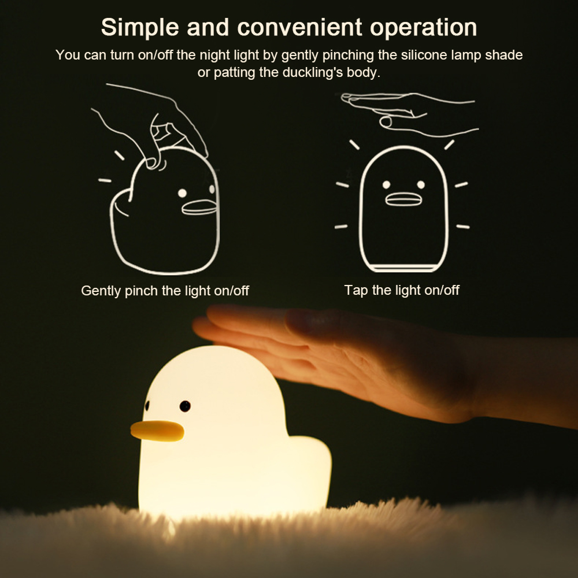 Anleitung zur Bedienung einer Enten-Nachtlampe durch Kneifen oder Tippen.