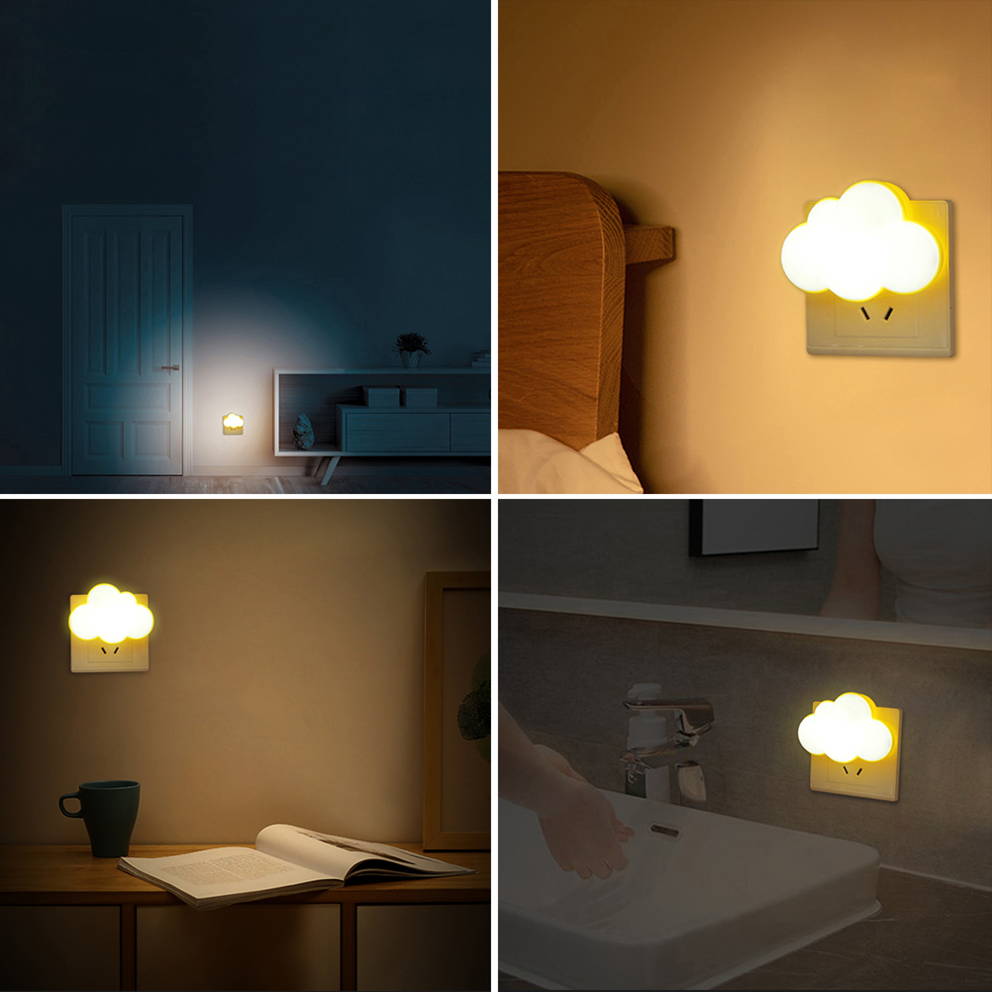 Ein gelbes, wolkenförmiges Nachtlicht leuchtet in vier verschiedenen Räumen wie Schlafzimmer und Badezimmer.