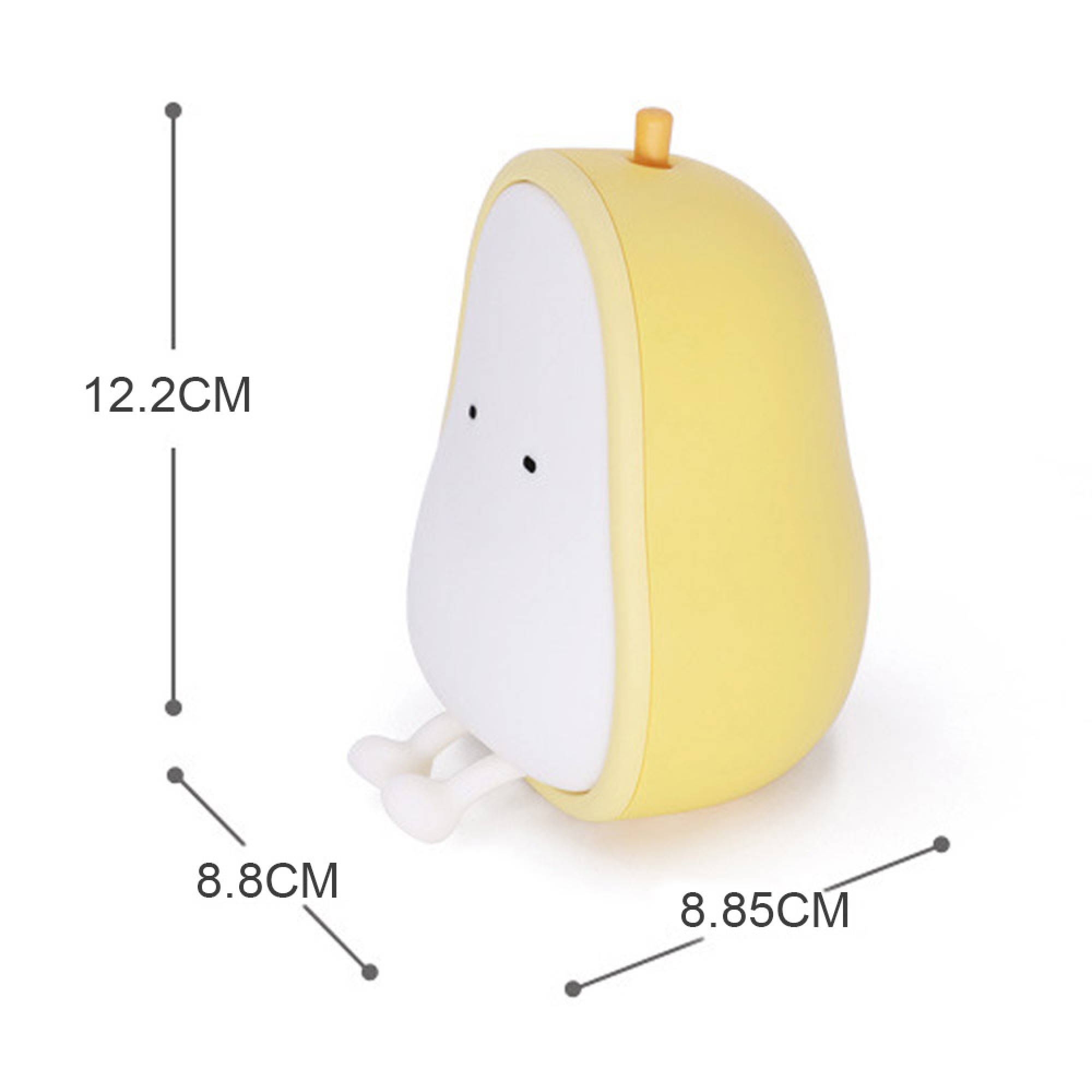 Gelbes Birnen-Nachtlicht mit Maßen: Höhe 12.2 cm, Tiefe 8.85 cm, Breite 8.8 cm.