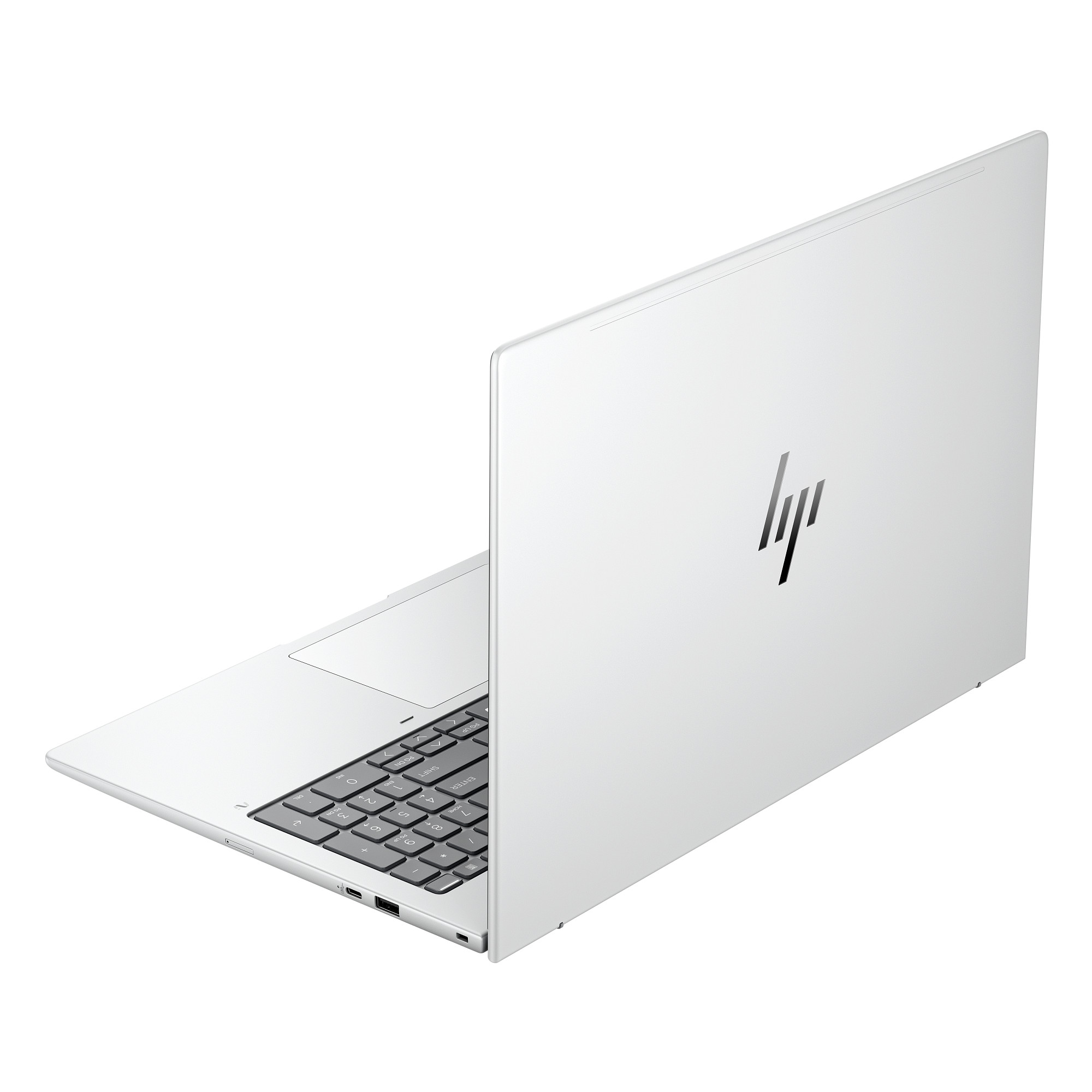 Ein silberner HP Laptop von rechts hinten, zeigt den geschlossenen Deckel mit HP Logo und dunkler Tastatur.