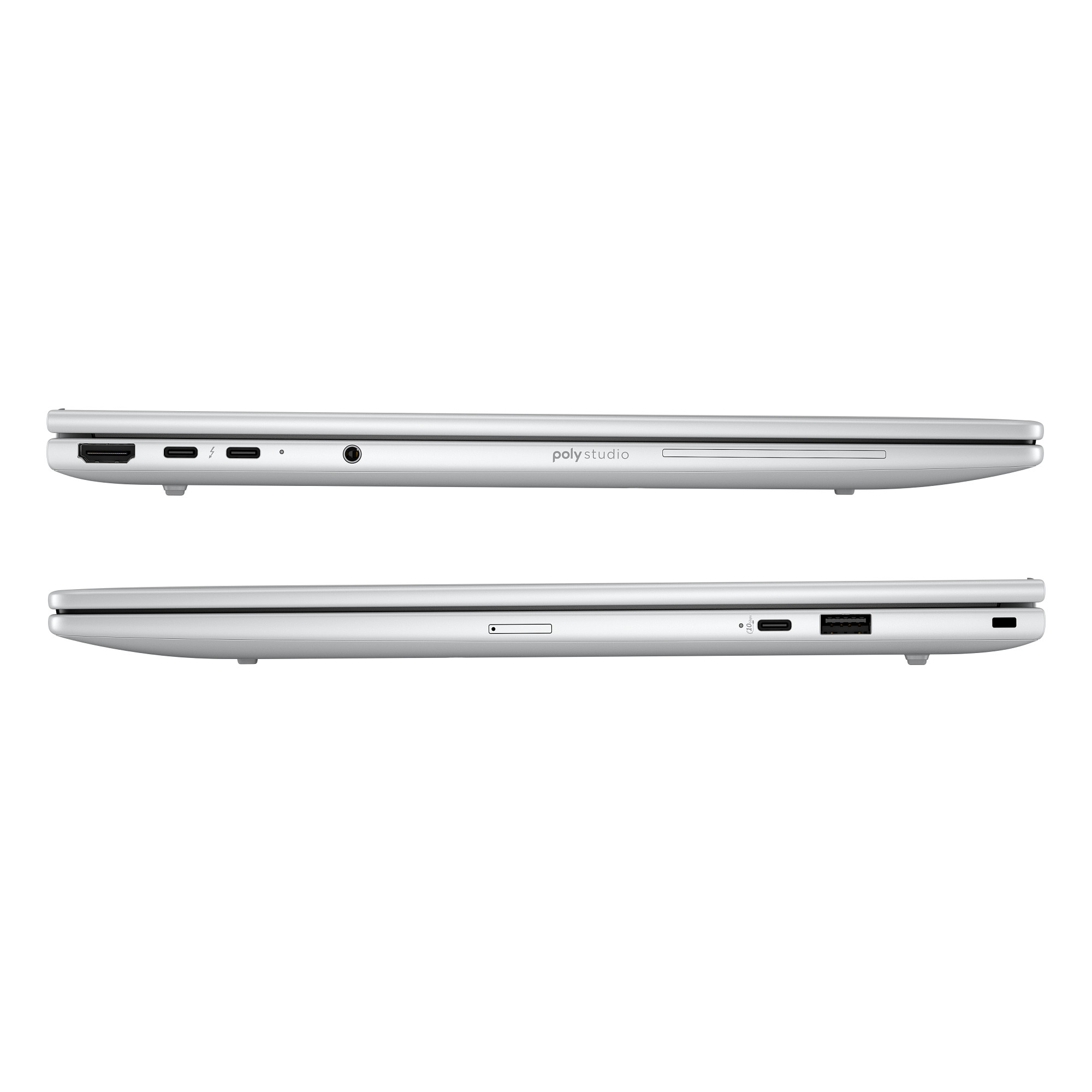 Seitenprofile eines silbernen Laptops mit Anschlüssen und Poly Studio-Logo vor weißem Hintergrund.