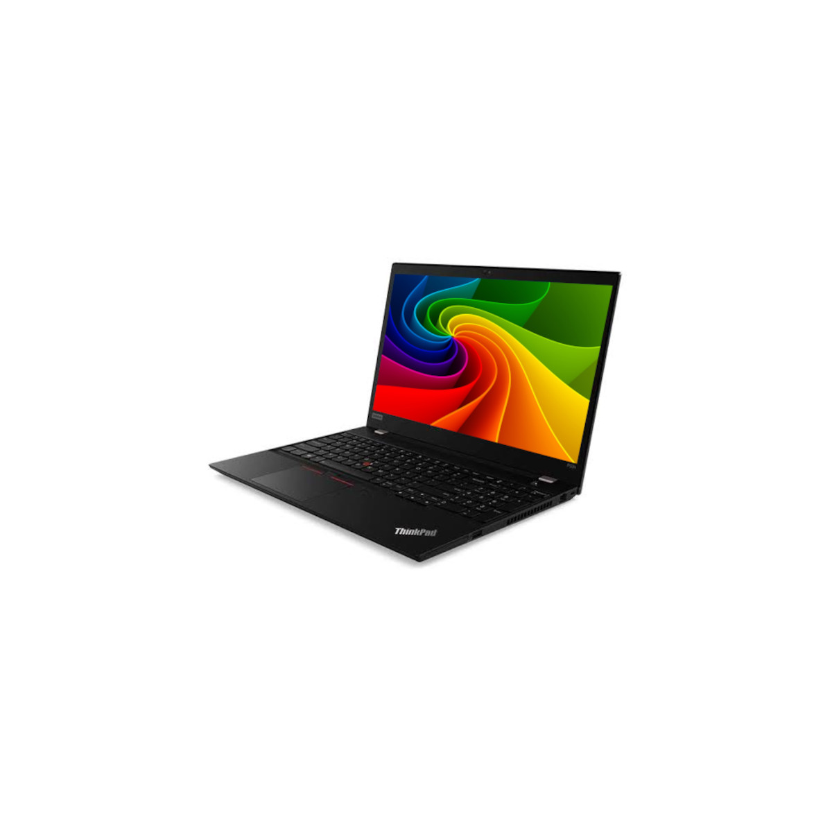 Ein schwarzes ThinkPad-Laptop ist geöffnet und zeigt ein buntes, wirbelndes Regenbogen-Hintergrundbild auf dem Bildschirm.