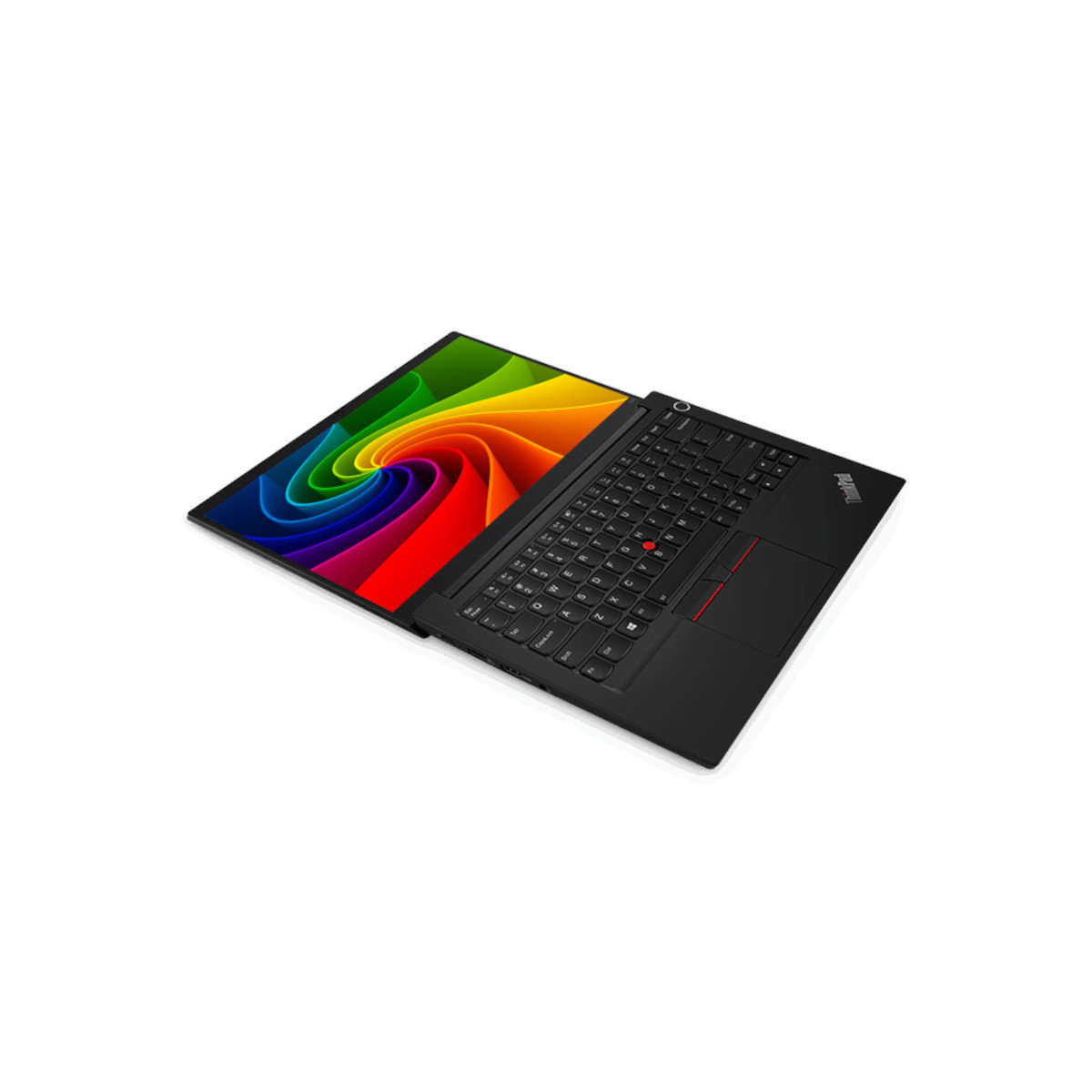 Ein schwarzer Laptop auf weißem Hintergrund mit einem bunten Regenbogen-Hintergrundbild.