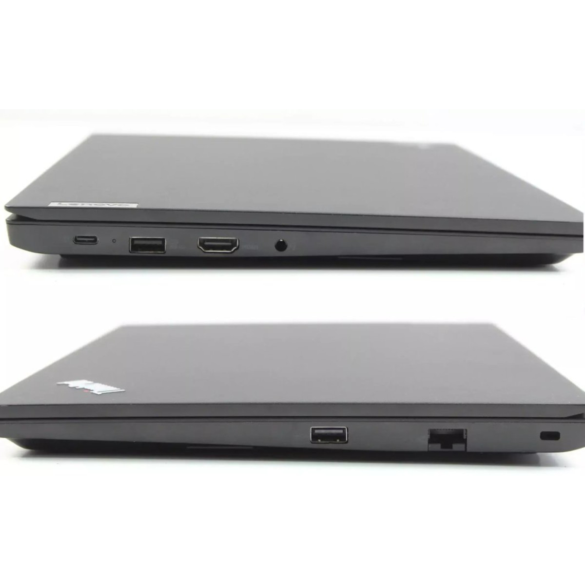 Seitenansichten eines geschlossenen Lenovo Laptops mit verschiedenen Anschlüssen auf weißem Hintergrund.
