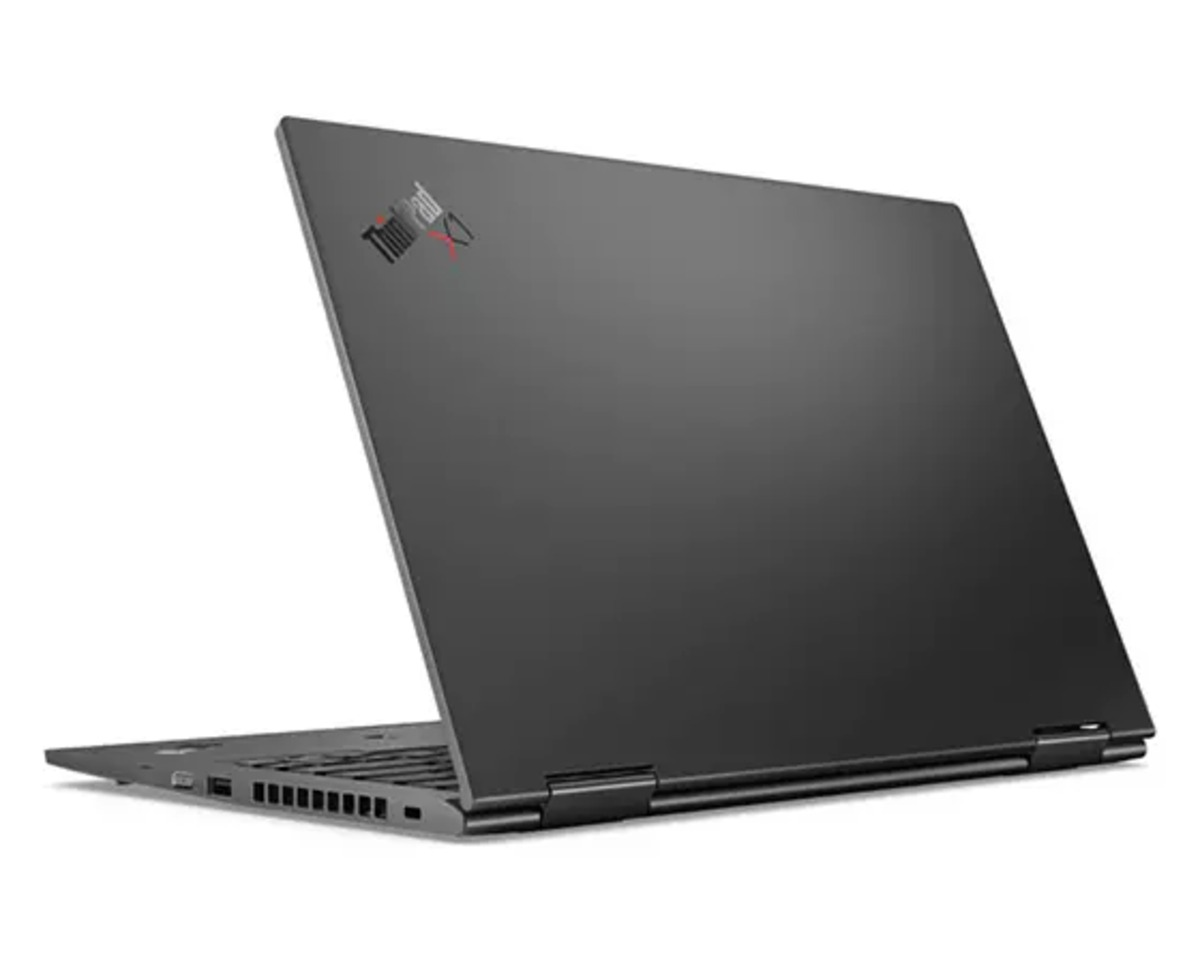 Ein schwarzer ThinkPad Laptop wird von hinten gezeigt, auf einer weißen Fläche vor weißem Hintergrund.