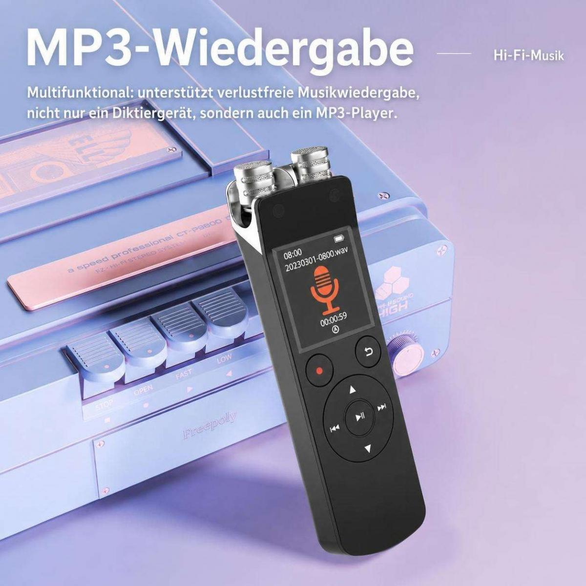 Ein schwarzer digitaler Diktiergerät im Vordergrund mit einem lila Kassettenrecorder und deutschem Werbetext im Hintergrund.