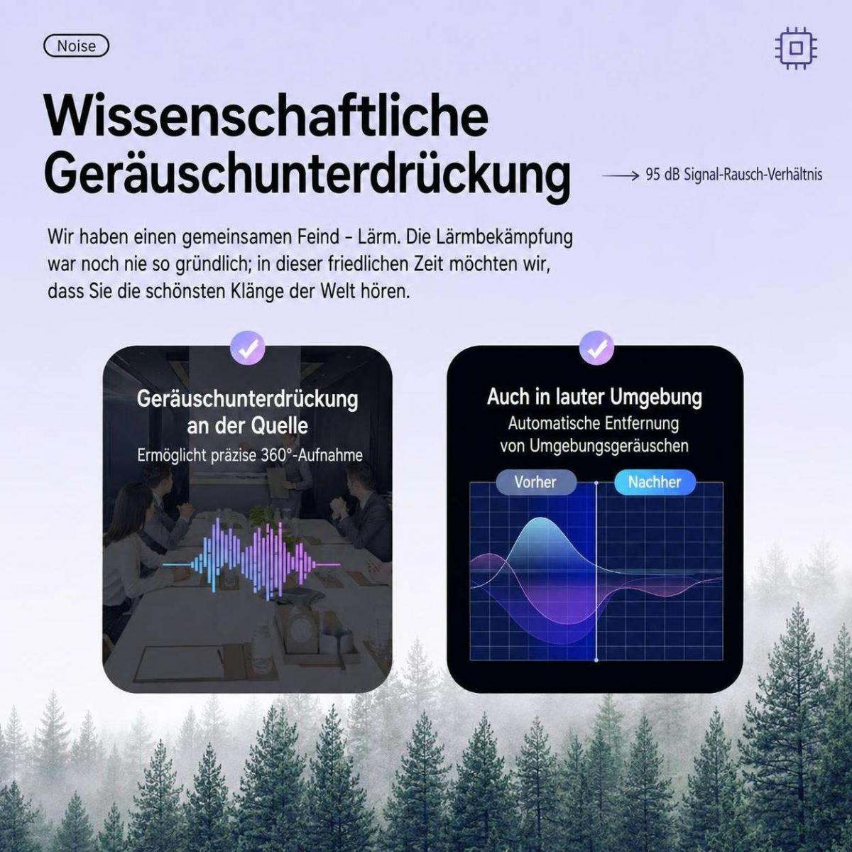 Infografik zur wissenschaftlichen Geräuschunterdrückung mit zwei Beispielen über einem Pinienwald.