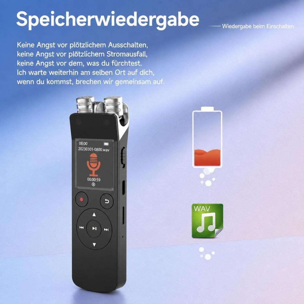 Ein schwarzer Audiorecorder mit Display und Tasten, neben einer Ladezustandsanzeige und einem WAV-Dateisymbol.