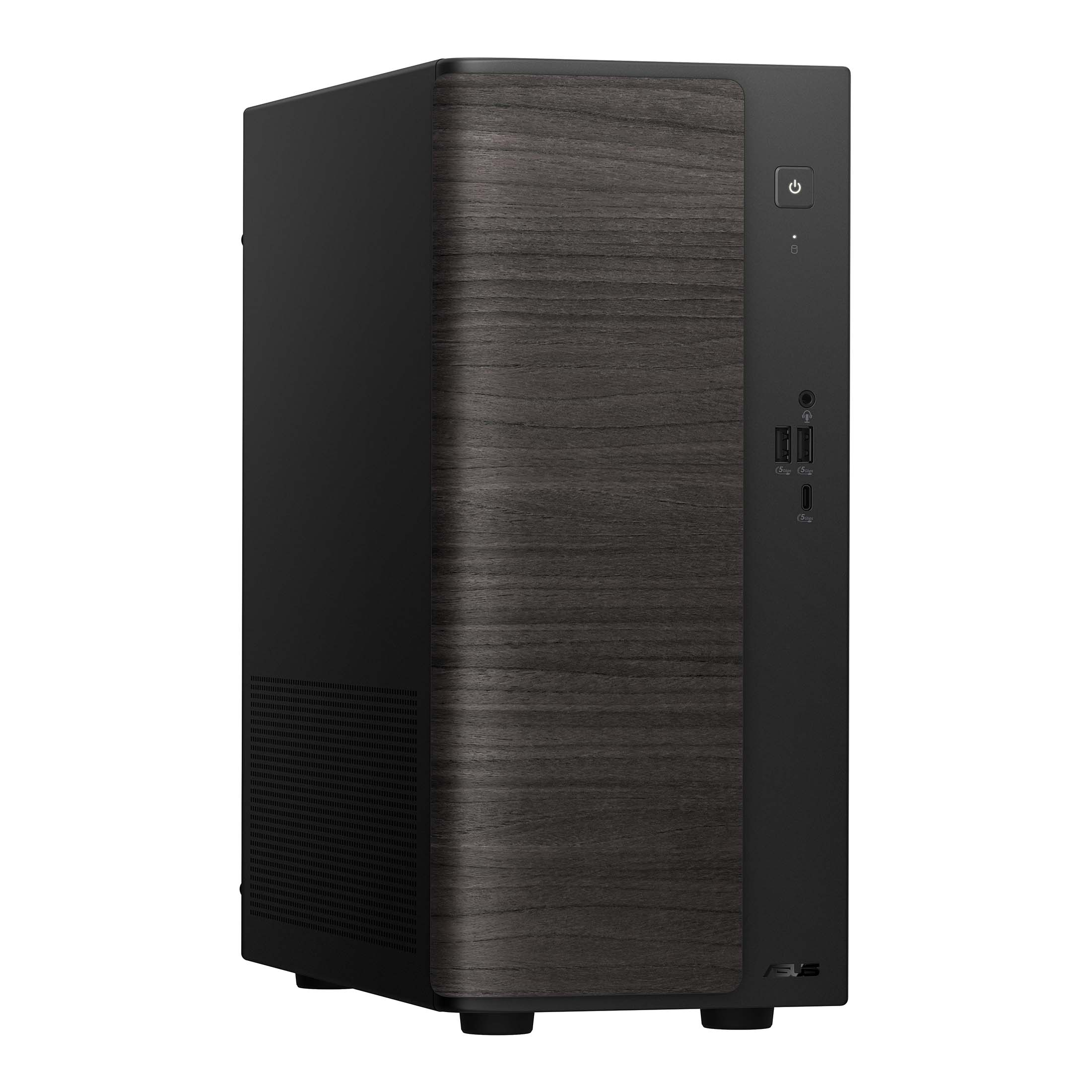 Ein schwarzer Desktop-PC mit Holzoptik-Front, Einschalttaste und USB-Anschlüssen.