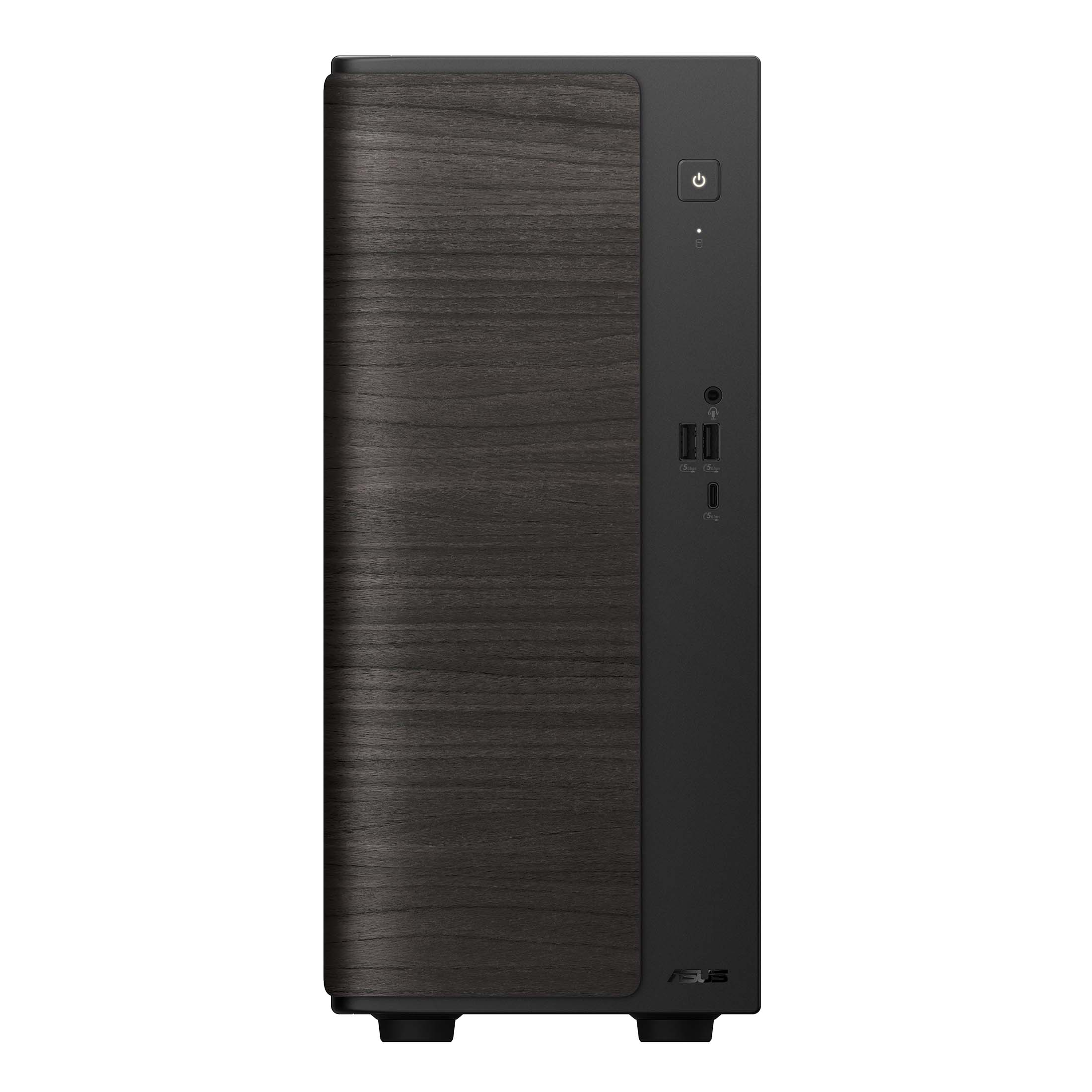 Frontansicht eines schwarzen Computergehäuses mit Holzmaserung, Ein-Aus-Schalter und USB-Anschlüssen.