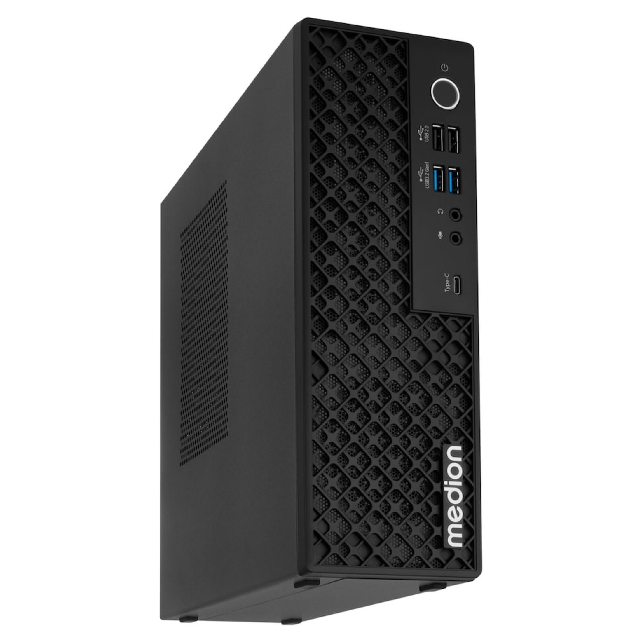Schwarzer Medion Desktop-PC im Slim-Format mit Frontanschlüssen und Netzgitter-Design.