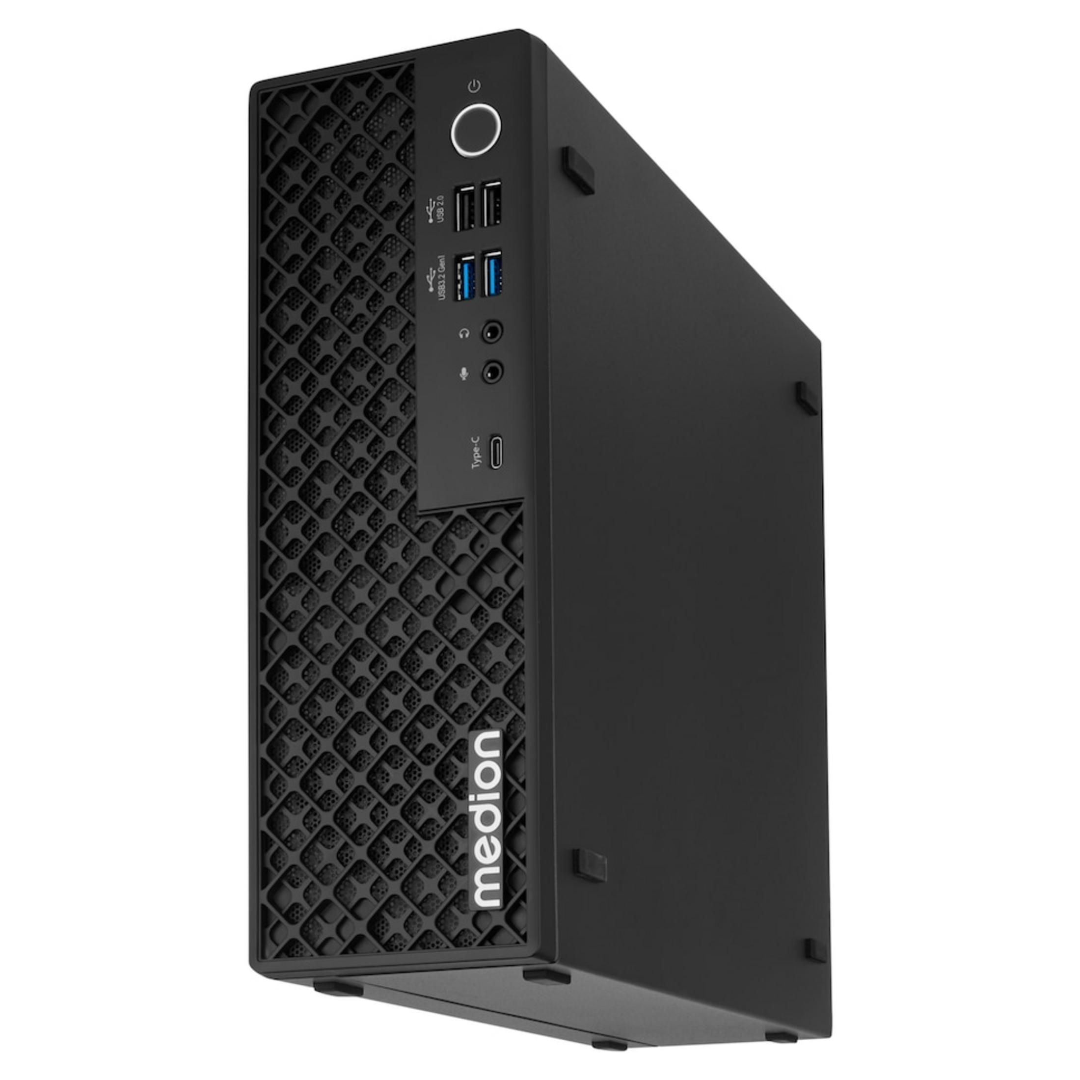 Schwarzer Medion Desktop PC Tower mit Front-Anschlüssen und strukturiertem Lüftungsgitter auf weißem Hintergrund.