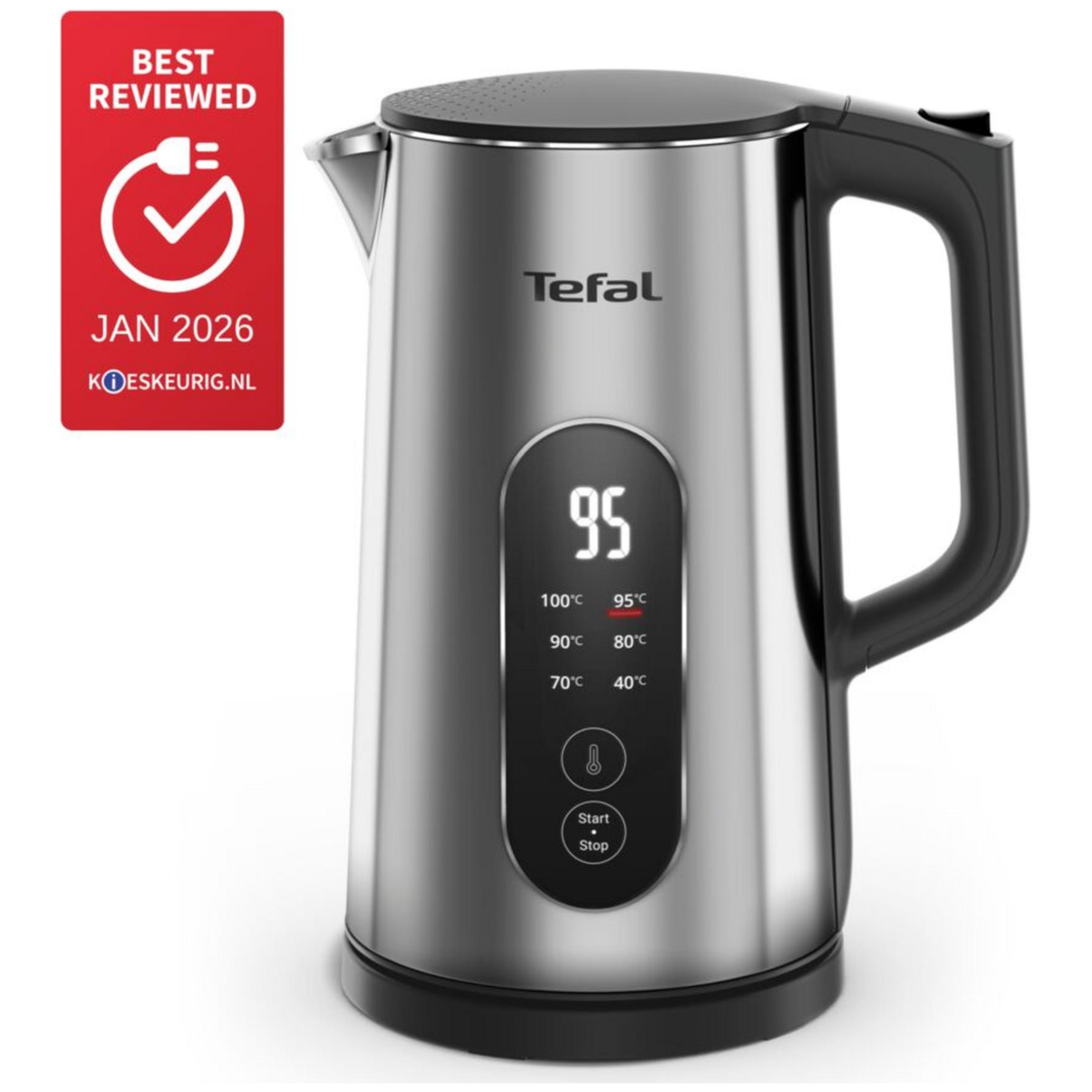 Bollitore in acciaio inox Tefal con display digitale della temperatura e manico nero, accanto a un logo rosso.