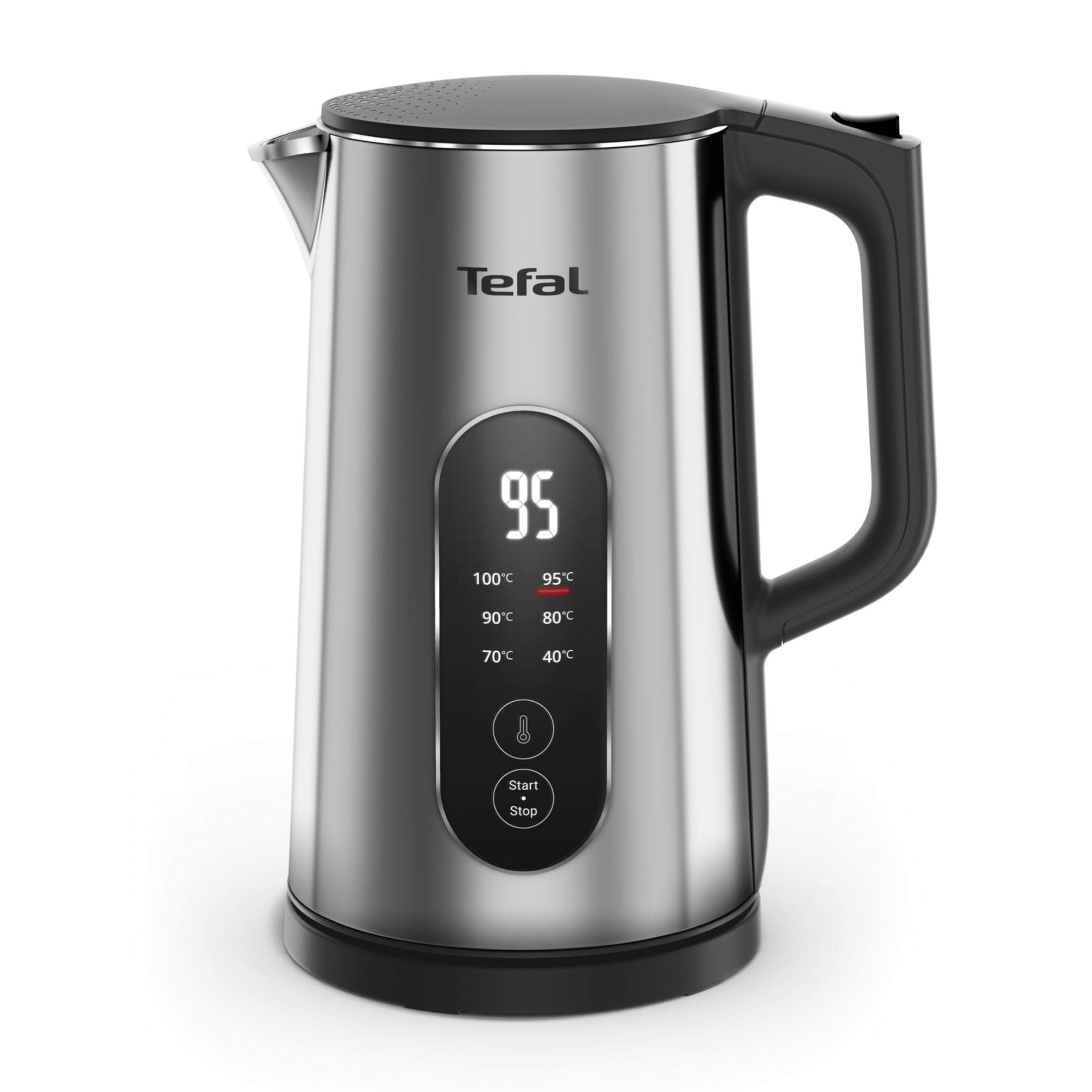 Moderno bollitore Tefal argento con display digitale della temperatura su pannello nero e manico nero.