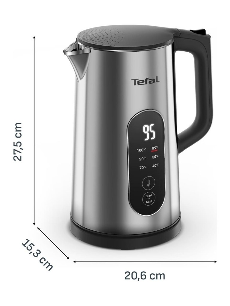 Bollitore elettrico Tefal argento con display digitale e misure.