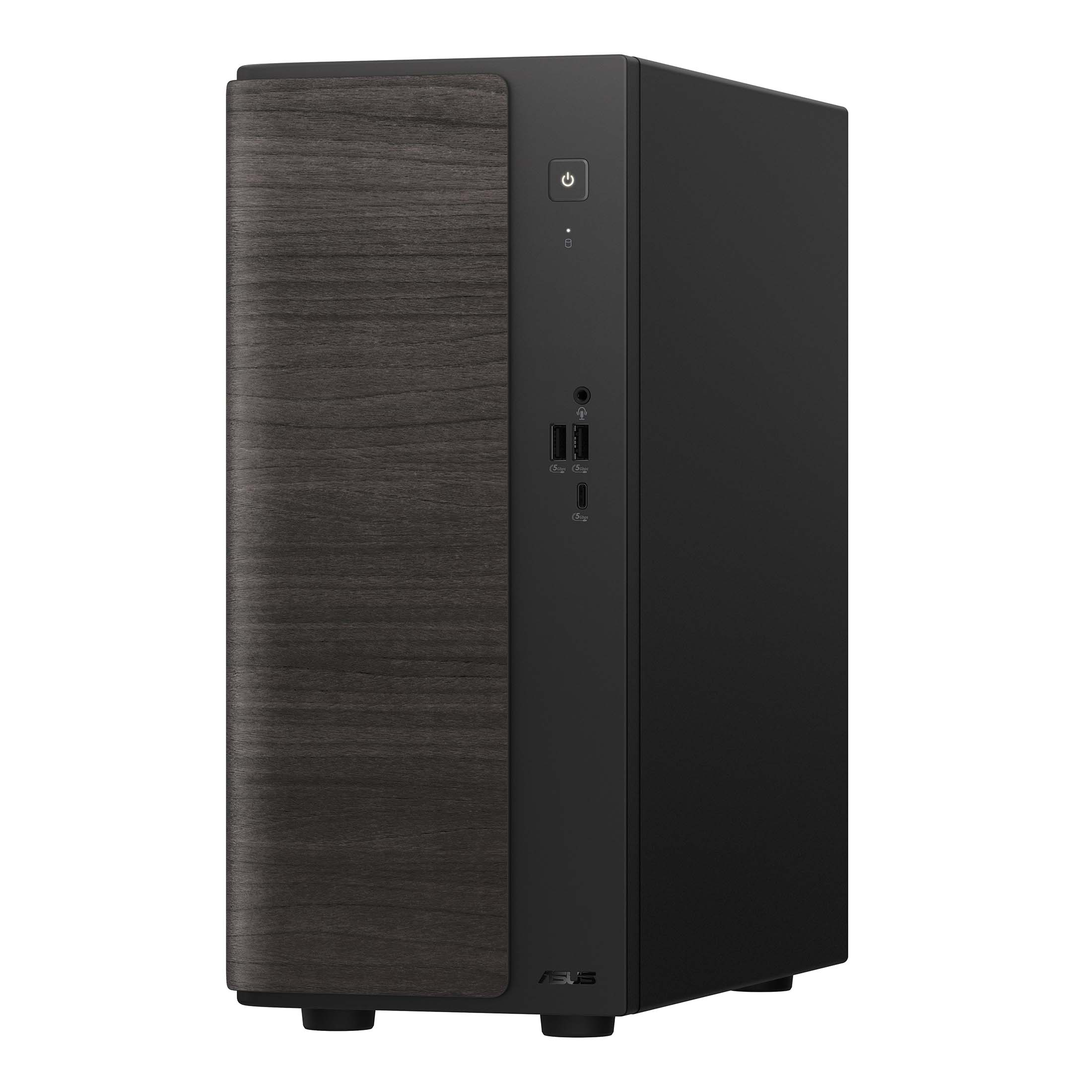 Ein schwarzer Desktop-PC mit Holzmaserung an der Vorderseite, USB-Anschlüssen und dem ASUS-Logo unten.