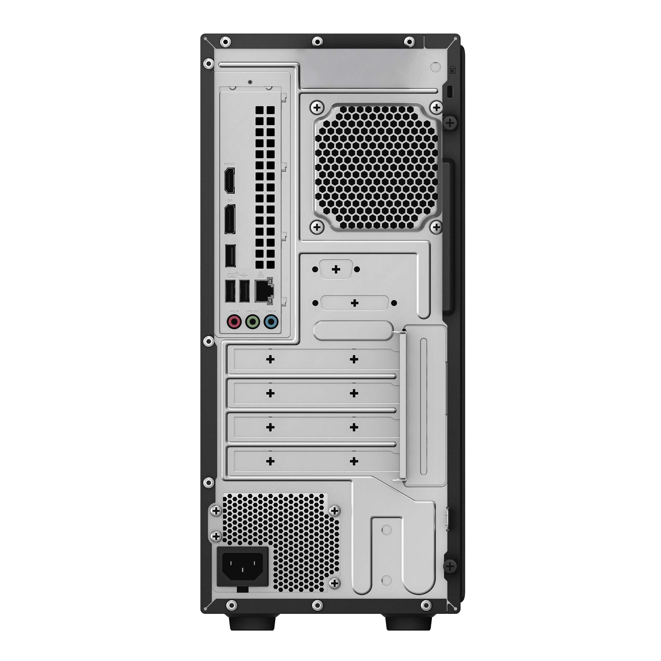Rückansicht eines schwarzen Desktop-PC-Towers mit Anschlüssen, Erweiterungssteckplätzen und Netzteil.