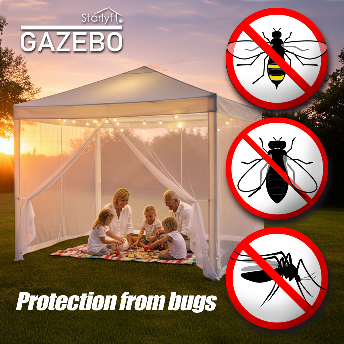 Le gazebo Starlyf protège une famille faisant un pique-nique dans le jardin contre les insectes.
