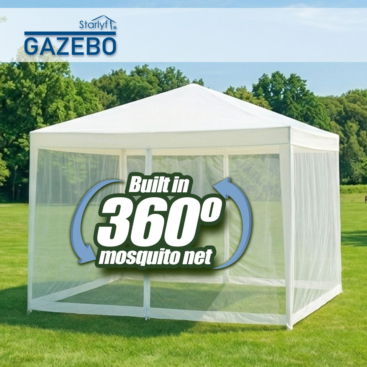 Gazebo blanc avec moustiquaire à 360 degrés sur pelouse verte sous ciel bleu.