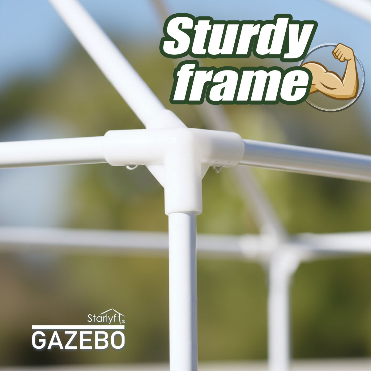 Gros plan d'un raccord de cadre en plastique blanc robuste sur un gazebo, avec le texte Sturdy frame et Starlyf GAZEBO.