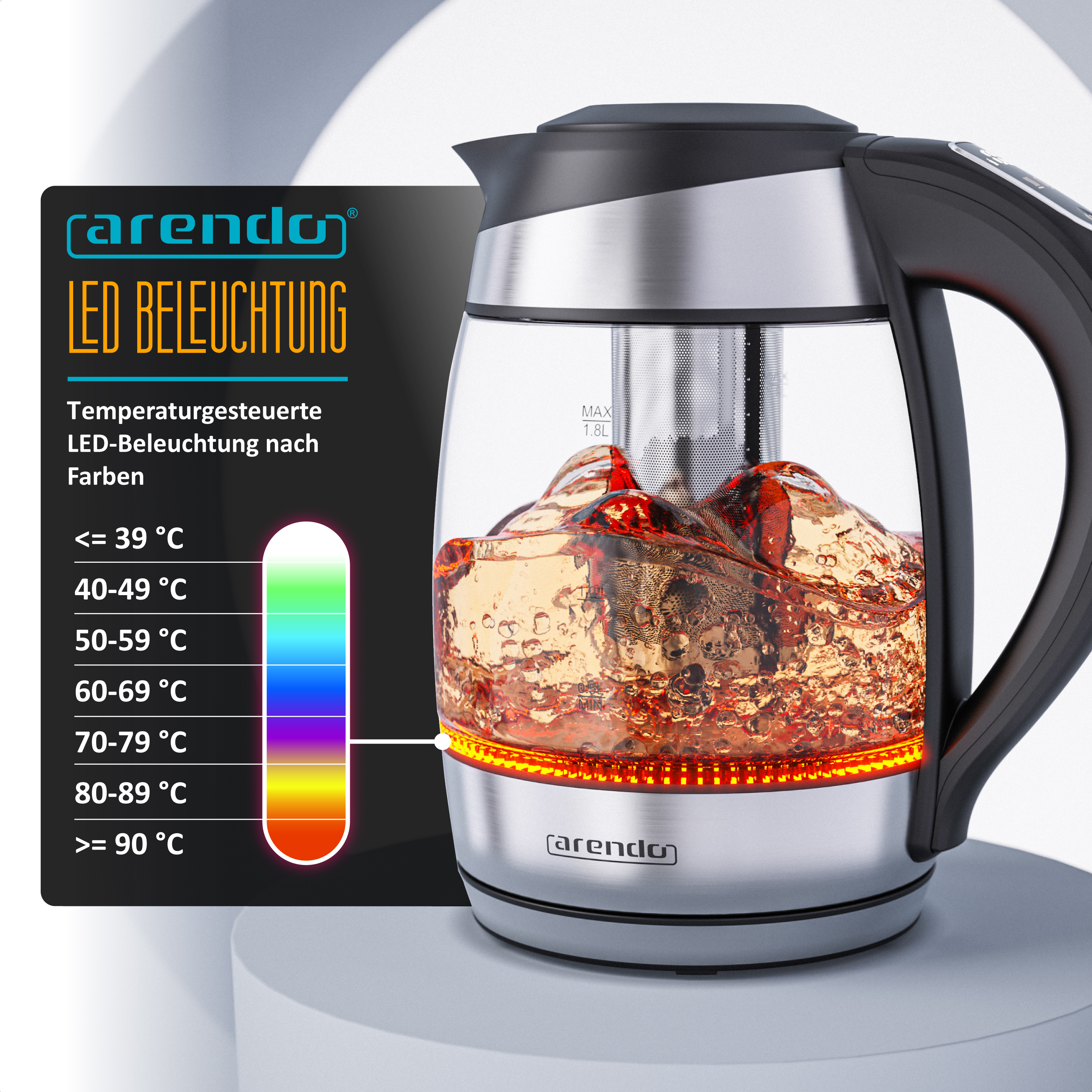 Arendo Glaswasserkocher mit orangefarbener LED-Beleuchtung, Teesieb und einer Temperaturtabelle mit Farbbereichen.