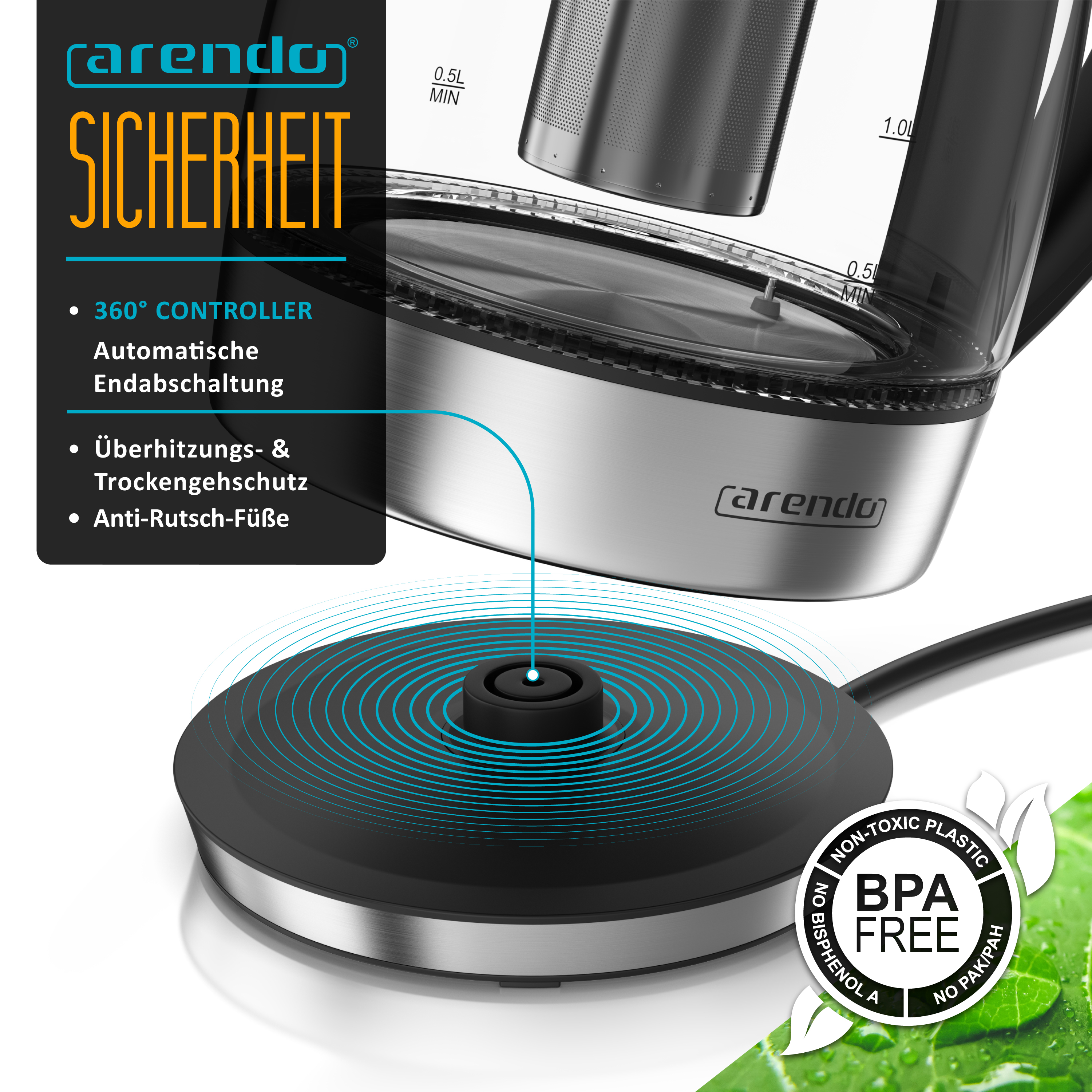 Arendo Glaswasserkocher mit 360-Grad-Sockel, Sicherheitsfunktionen, BPA-frei und Edelstahlakzenten.