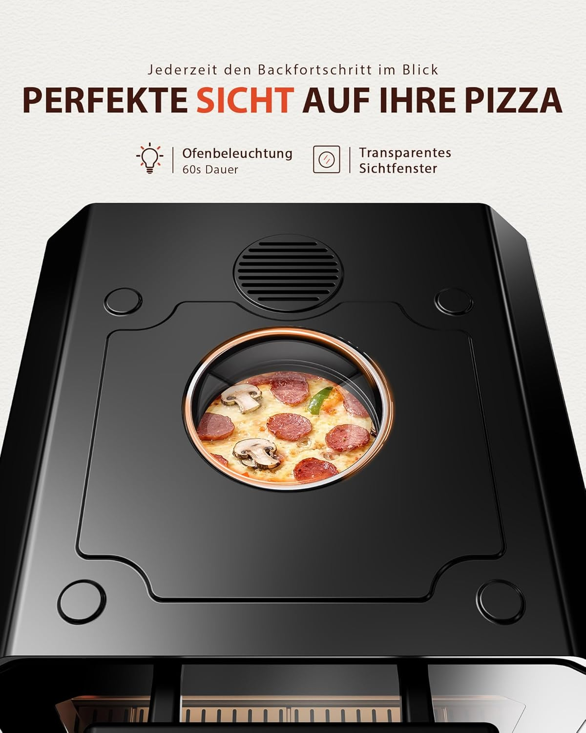 Blick auf eine Pizza durch das transparente Sichtfenster eines Ofens mit Beleuchtung.