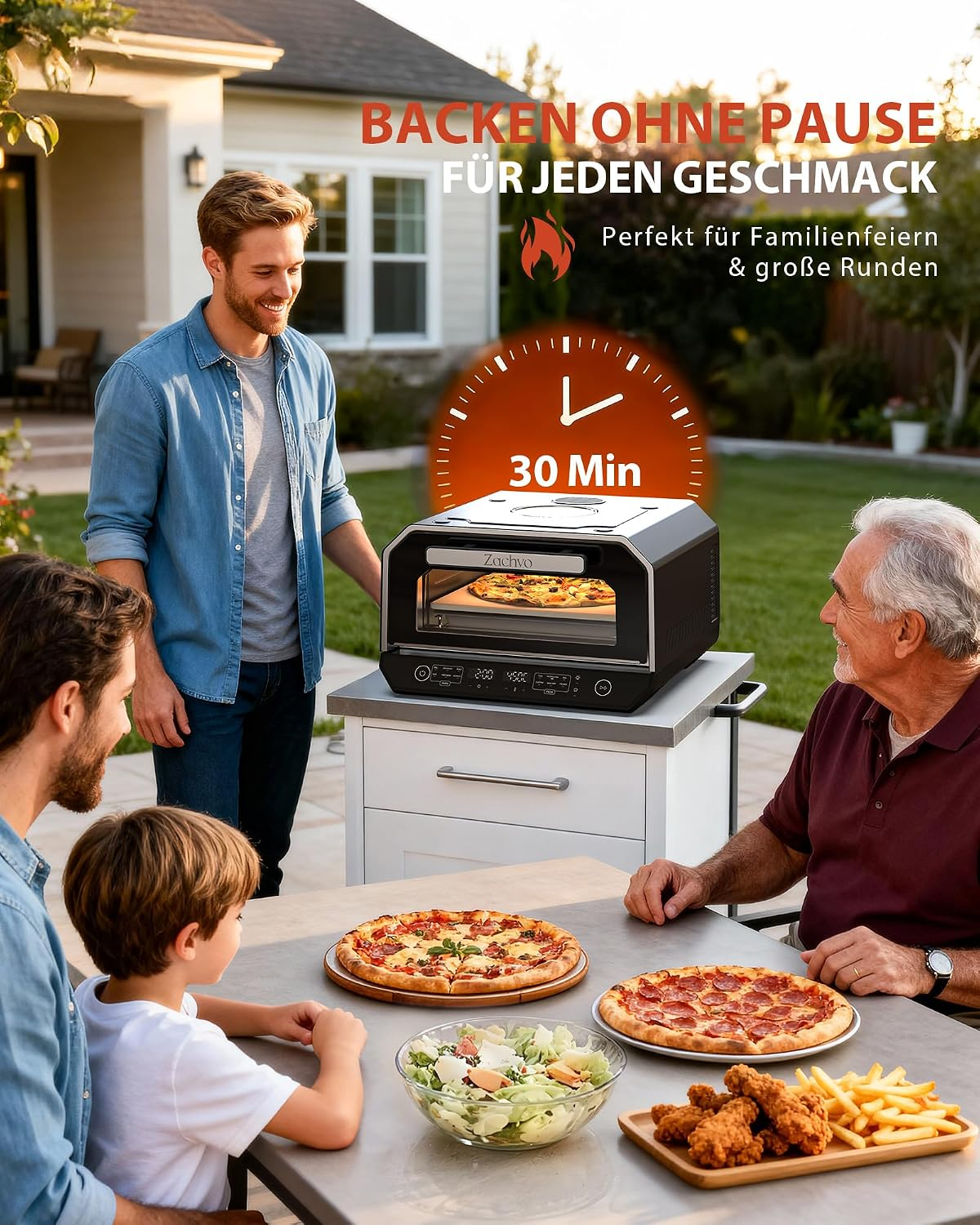 Familie genießt Pizza im Garten mit einem mobilen Ofen.