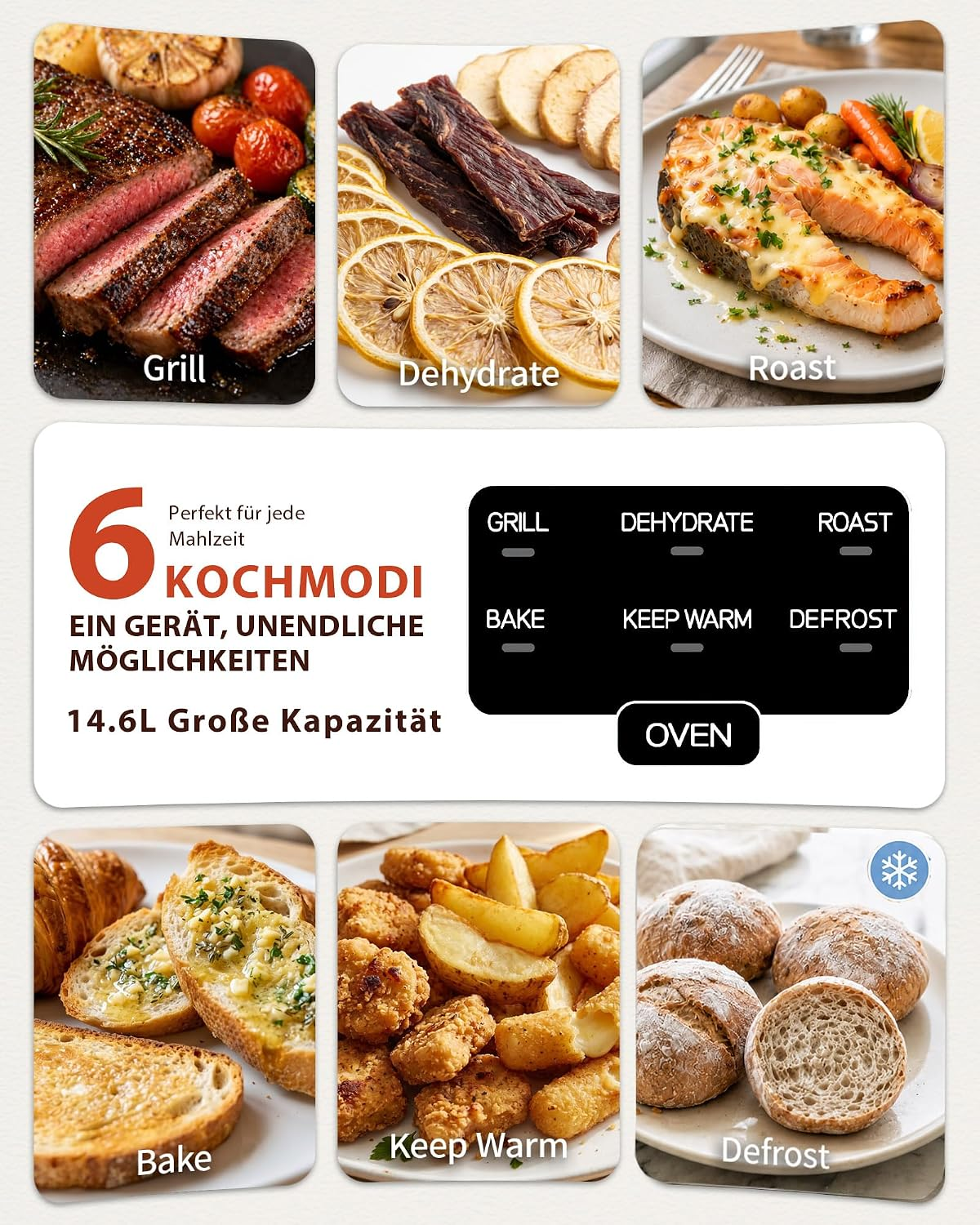 Werbebild für ein Multifunktionsgerät mit sechs Kochmodi wie Grillen, Dörren, Braten, Backen, Warmhalten und Auftauen.