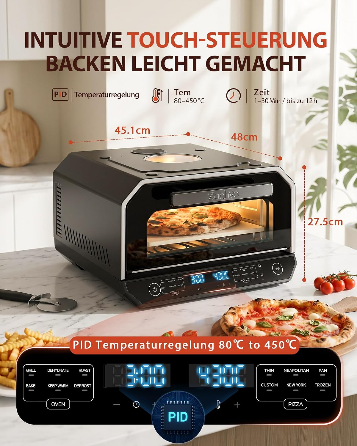 Ein schwarzer Pizzaofen mit digitaler Steuerung, Maßangaben und einer Pizza im Inneren auf einer Arbeitsplatte.