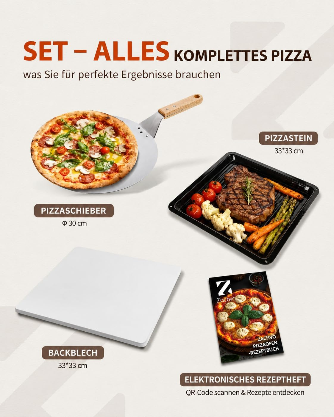 Pizza-Set mit Pizzaschieber, Pizzastein, Backblech und Rezeptheft auf hellem Hintergrund.