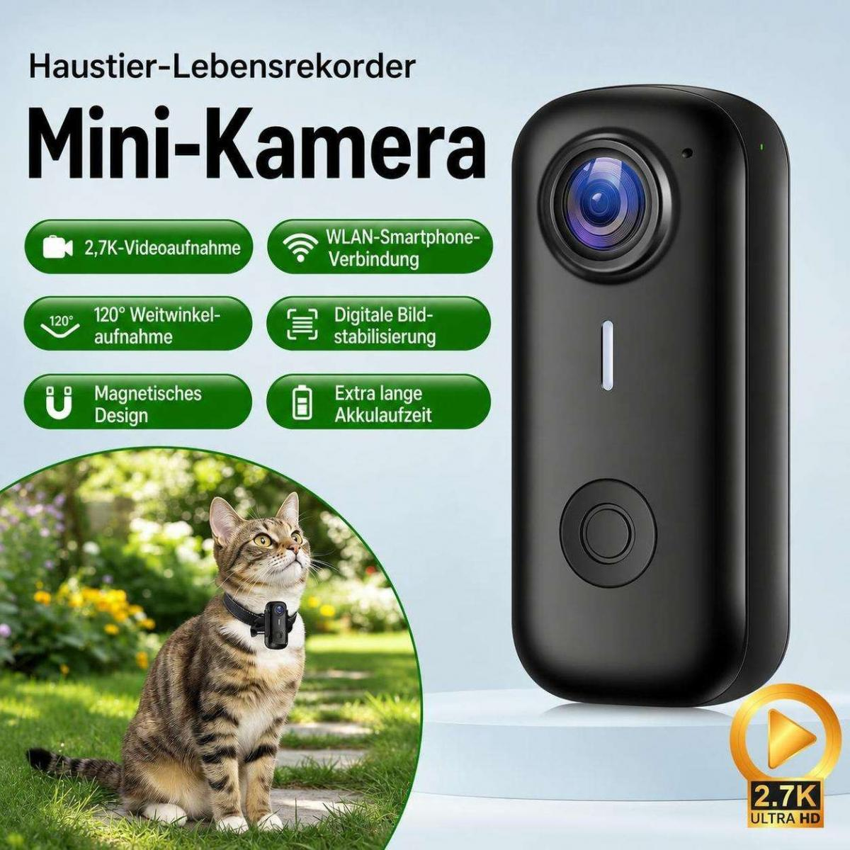 Schwarze Mini-Kamera mit Katzenbild und grünen Funktionsfeldern.